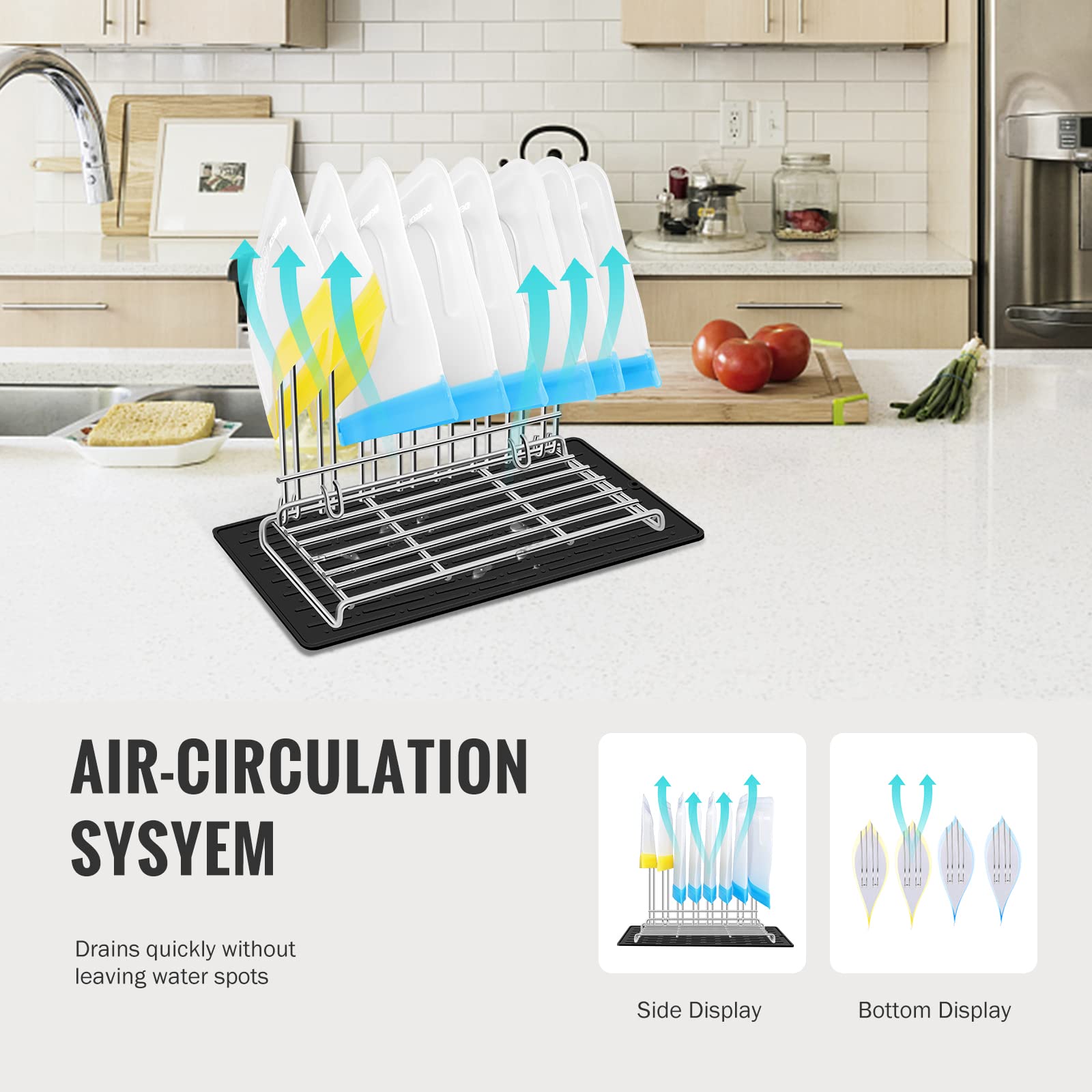 IDEATECH Reusable Bag Rack with Cup Drying Mat,Plastic Bag Dryer Rack Dish Drying,Collapsible Kitchen Counter Storage Organizer Sponge Holder for Silicone Storage Bag,Kitchen Must Have