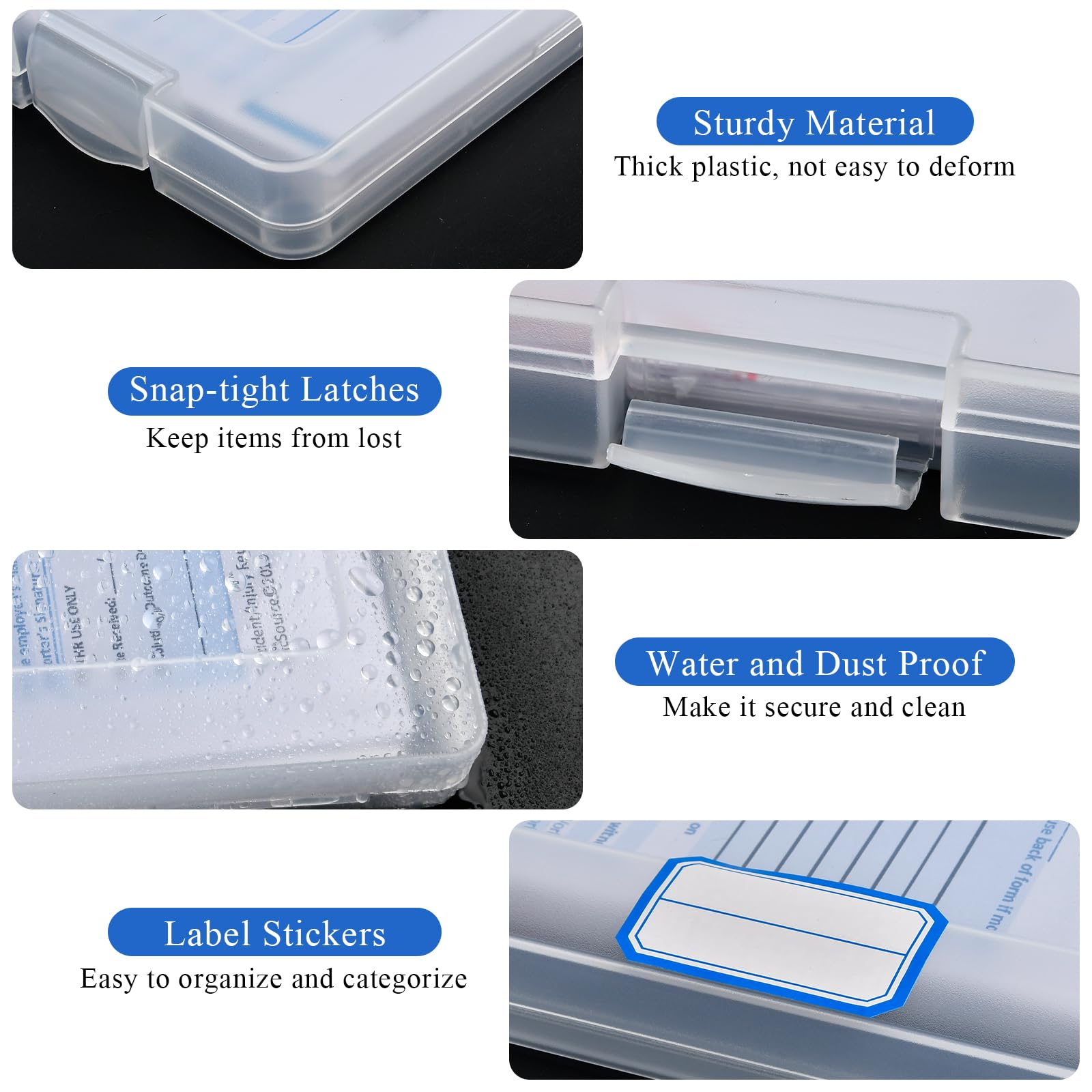 Akamino 4 Pack Clear A4 File Plastic Boxes, Portable Project Case Document Magazines Storage Organizer with Hinged Lids, Paper Protector for Letter Scrapbook Office School Supplies,2 Pcs Label Sticker