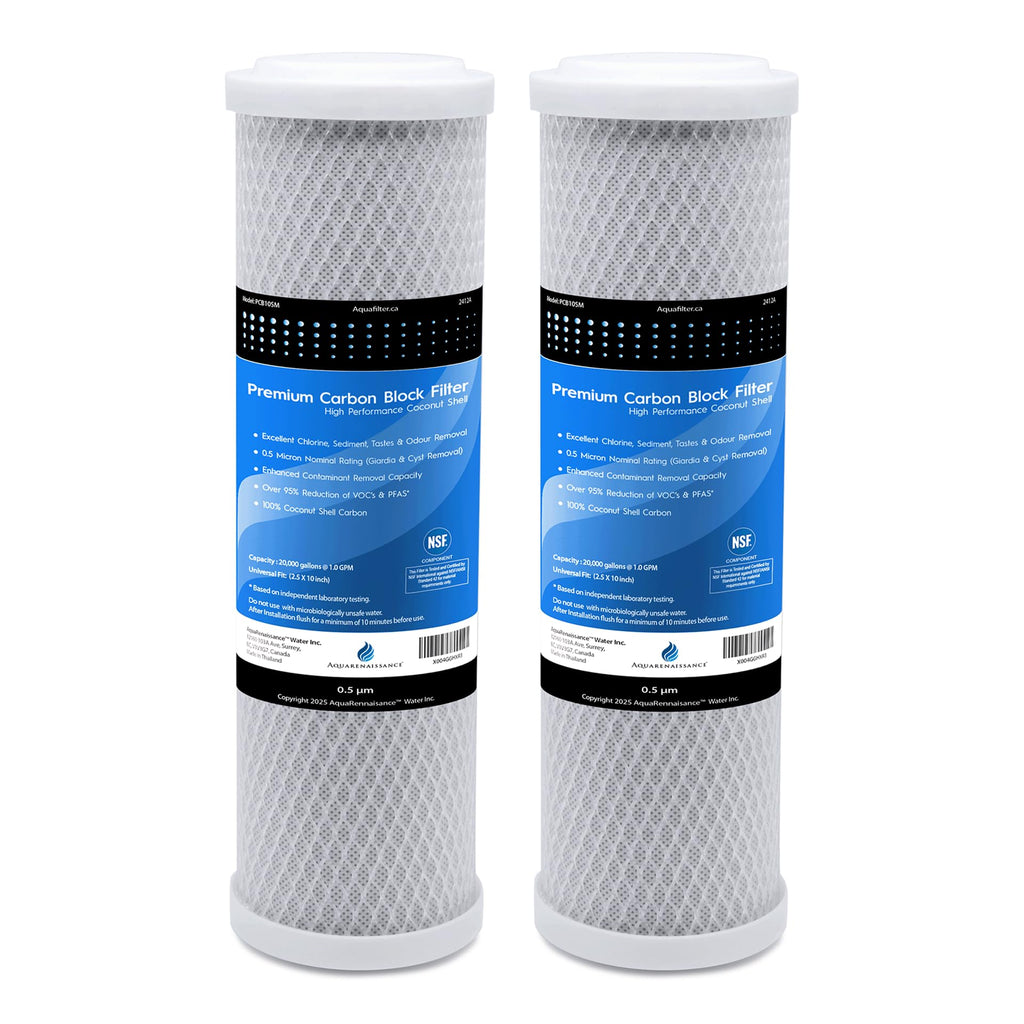 AquaRenaissance Premium 0.5 Micron Carbon Block 2.5 x 10 inch CTO Water Filter Cartridge Replacement, 95% VOC & PFAS Reduction, for Under Sink, and Reverse Osmosis Systems, NSF Certified, 2 Pack