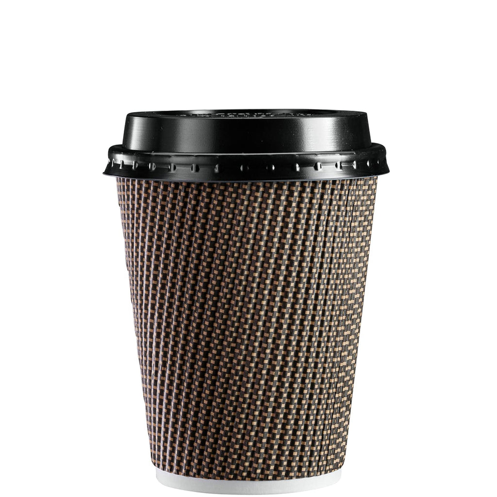 GUSTO 12 oz Insulated Brown Patterned Ripple Paper Hot Coffee Cups with Lids - 50 Sets - Ideal for Hot Beverages, Travel, and Office Use