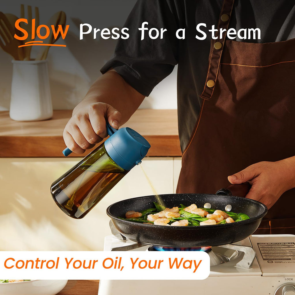 TrendPlain 470ml Olive Oil Dispenser Bottle for Kitchen Gadgets - 2 in 1 Dispenser and Sprayer - Olive Oil Spray Bottle w/Stickers (Light Blockage) - BPA Free - Black&Navy