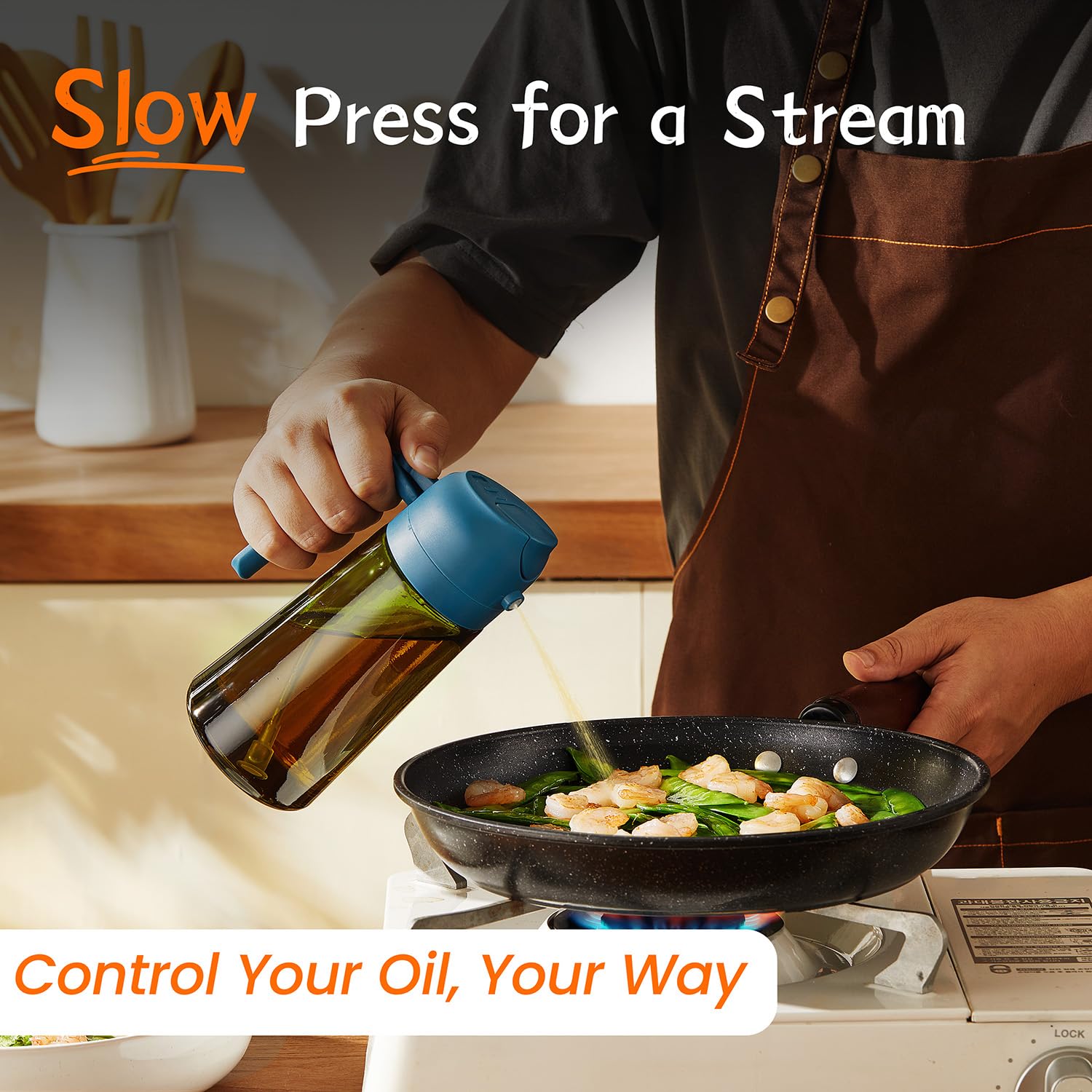 TrendPlain 470ml Olive Oil Dispenser Bottle for Kitchen Gadgets - 2 in 1 Dispenser and Sprayer - Olive Oil Spray Bottle w/Stickers (Light Blockage) - BPA Free - Black&Navy