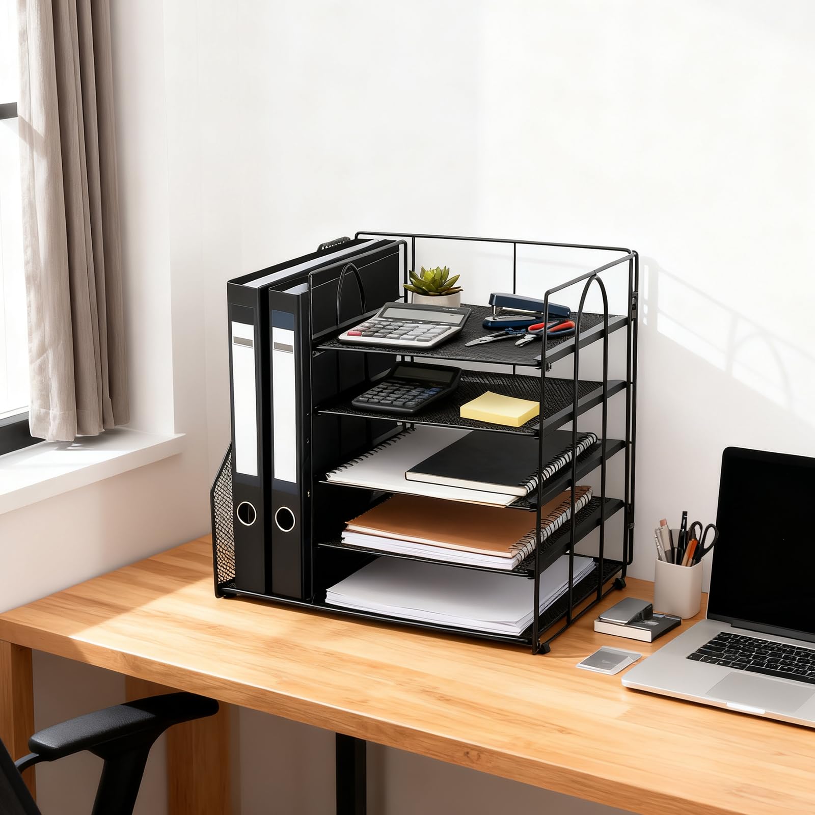 Desk Organizer with File Holder, 5-Tier Paper Letter Tray, Mesh Desktop Office Supplies with Magazine Holder for Books, Letter Tray Paper Organizer for School, Home, Office