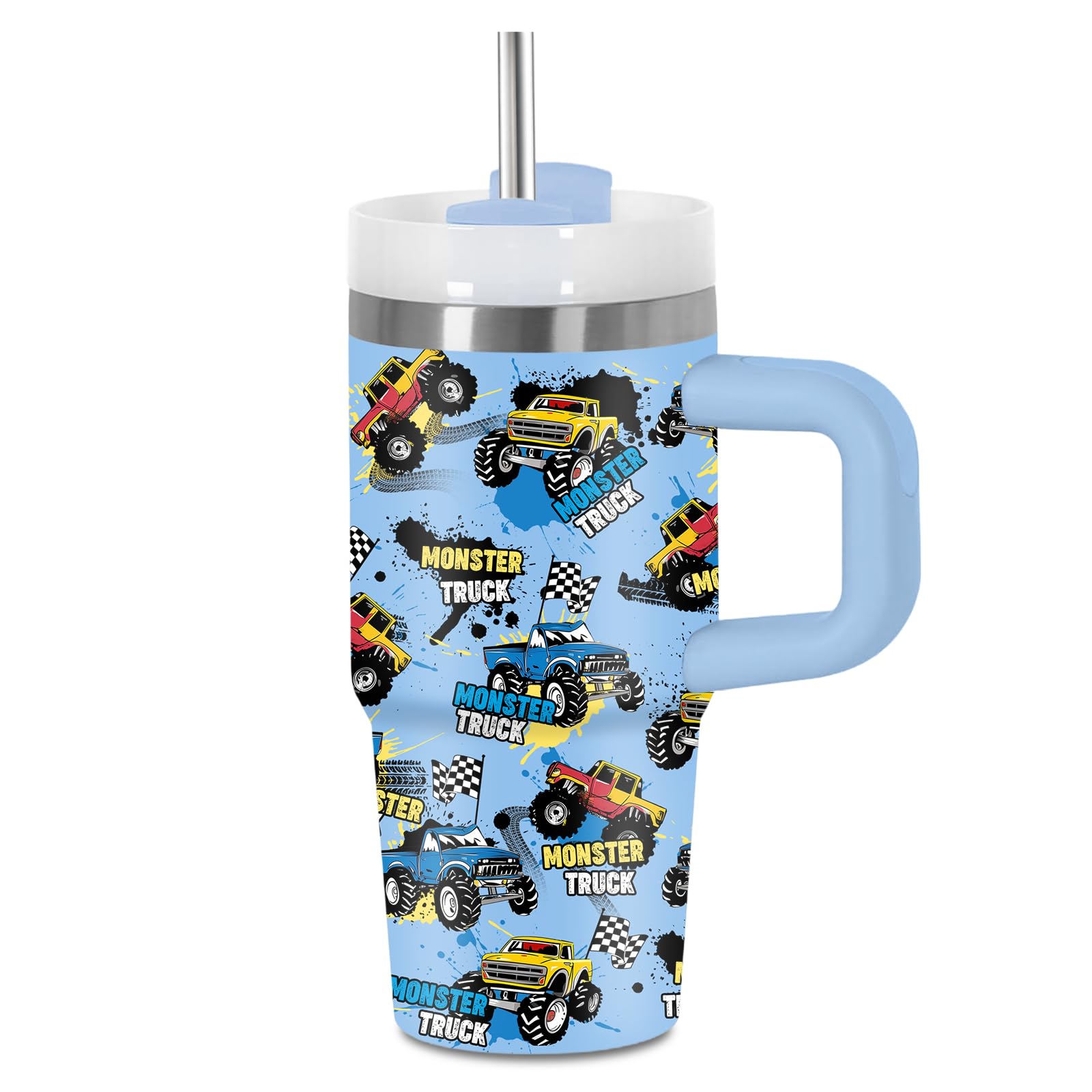 Monster Truck Tumbler with Handle for Kids 14oz, Insulated Stainless Steel Monster Trucks Mug Cup for Boys, Birthday Christmas Gifts for School, Sports