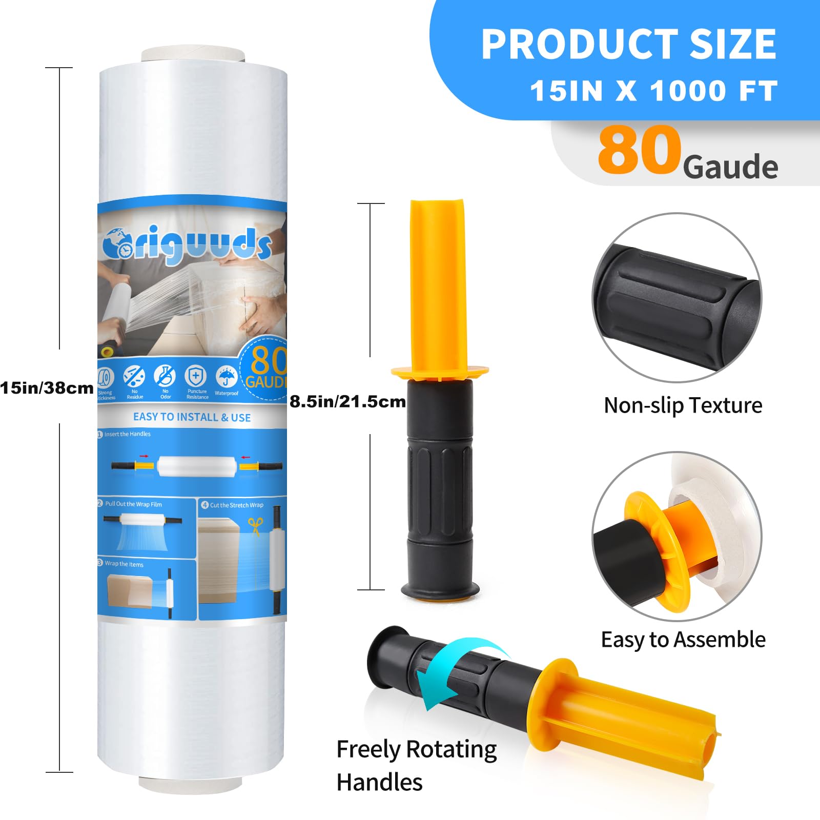 Origuuds Stretch Film, 80 Gauge Stretch Wrap with Handles, Industrial Strength Plastic Wrap for Packing, Pallet Wrap, Moving, Furniture Wrapping, Luggage (Clear/15 Inch x 1000 Feet, 1 Roll)