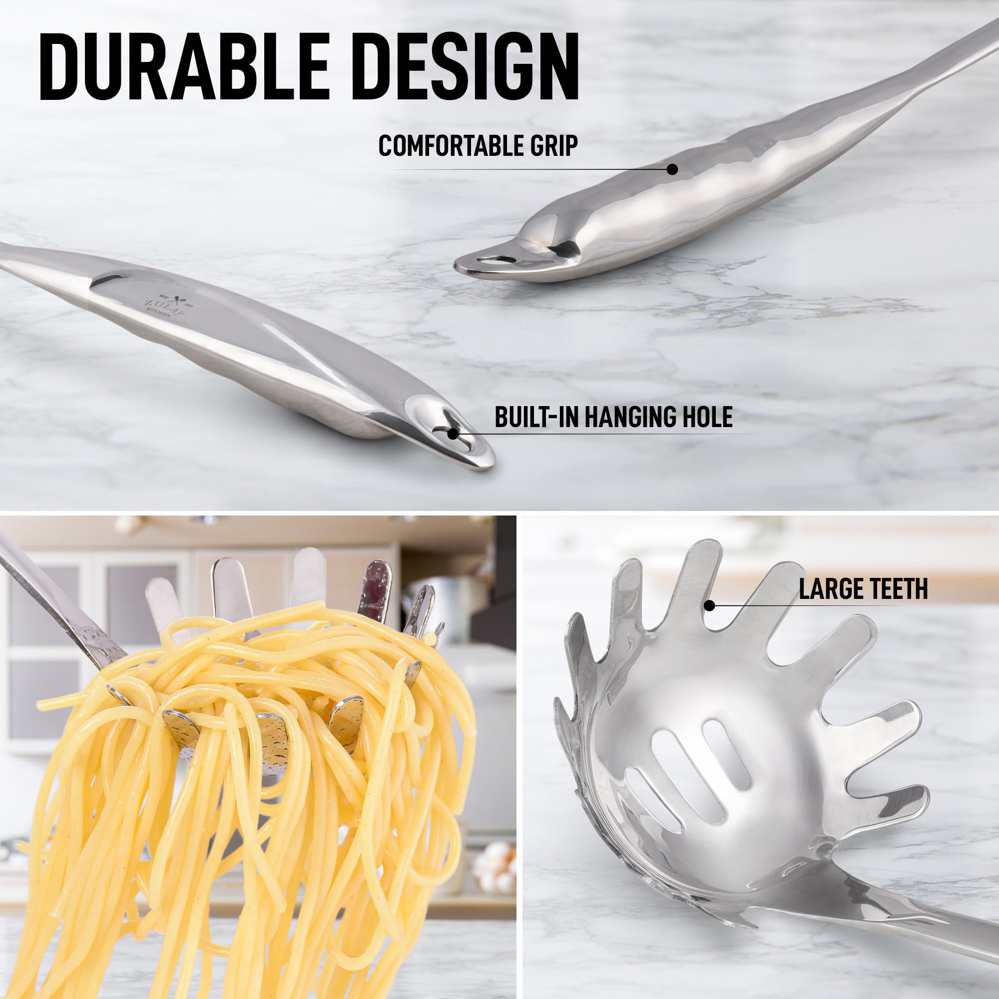 Zulay Kitchen Pasta Server - Durable Food Grade Stainless Steel Pasta Spoon Server with Ergonomic Handle & Heat Resistant Design - Kitchen Spaghetti Server Fork for Noodles, Pasta, & More (12 inch)