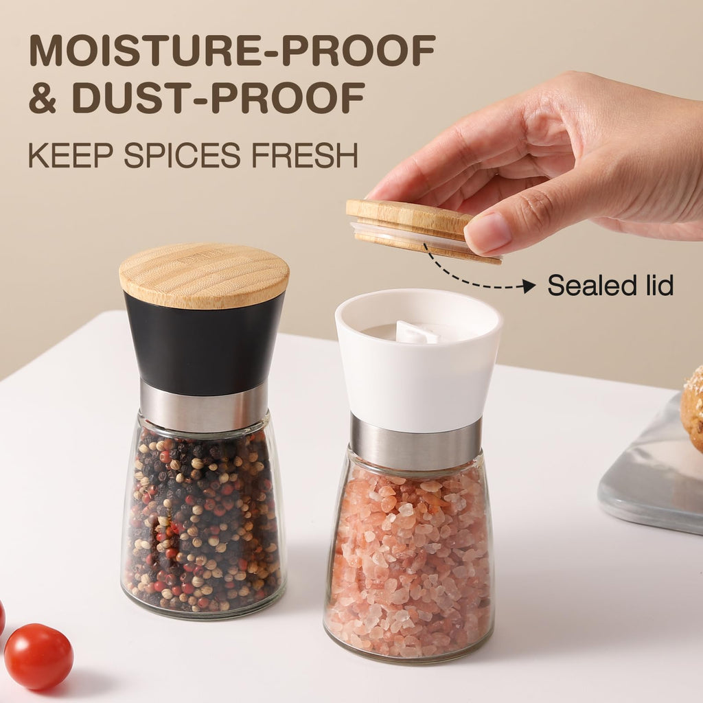 Vucchini Manual Salt and Pepper Grinder Set Bamboo Lid - Adjustable Coarse Salt and Pepper Mills - Refillable Ceramic Burr Kitchen Gift Salt Pepper Shakers Black&White