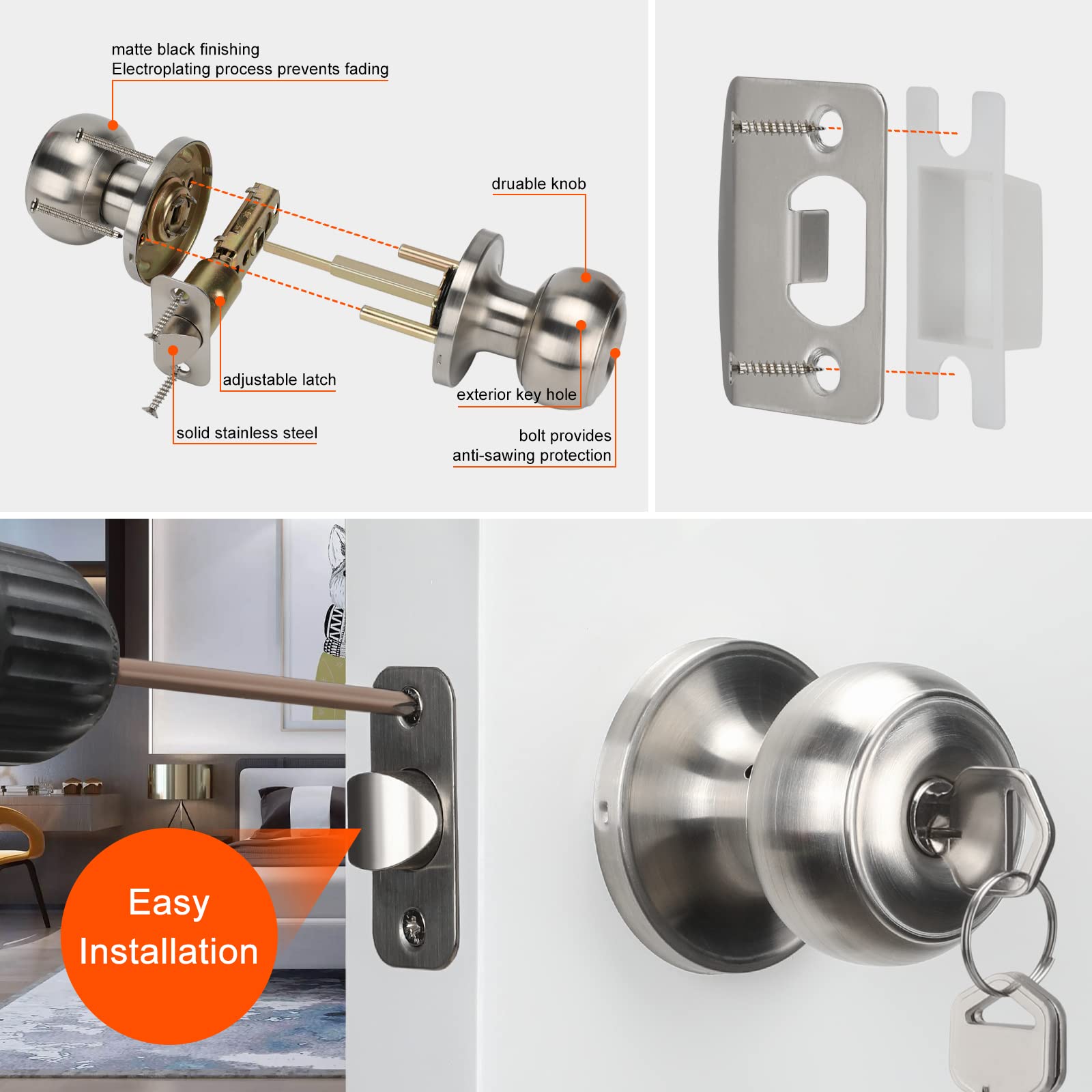 goldenwarm Door Locks for Entry Door Knob Exterior Knob Lock with Key Brushed Nickel Doors Handles with Lock Easy Install Left/Right Open