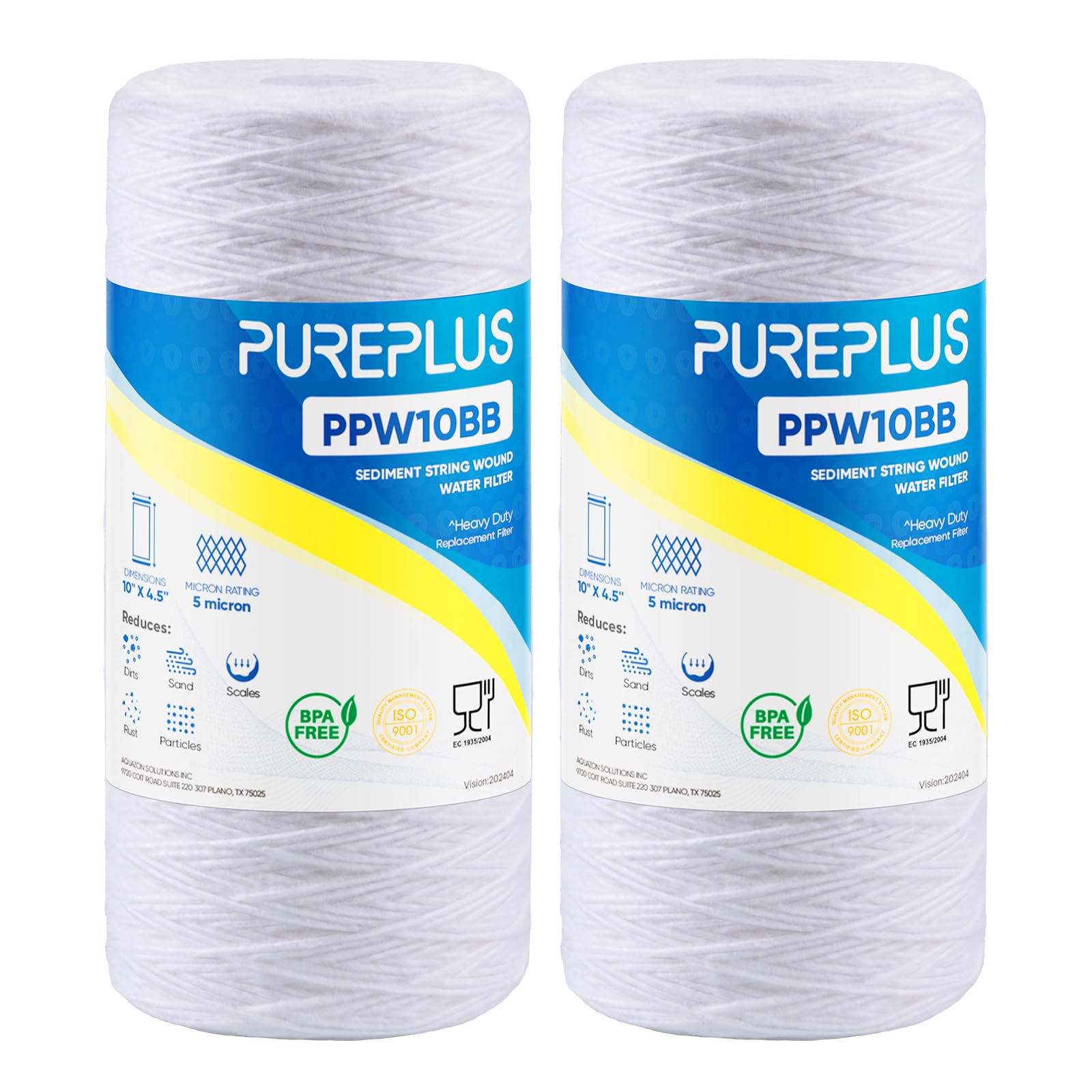 PUREPLUS 5 Micron 10 x 4.5 Whole House String Wound Sediment Filter for Well Water, Replacement Cartridge for 84637, WPX5BB97P, PC10, 355214-45, 355215-45, WP10BB97P, WP5BB97P, 2Pack