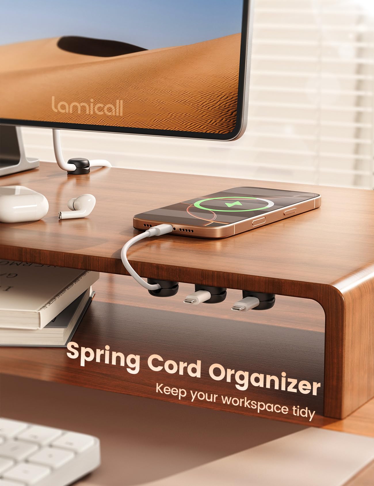 Lamicall Spring Cable Clips Holder, Compact Inconspicuous Cord Organizer, 6Pack [1s Lock] Desk Cable Management Clips, Nightstand Phone Charging Cord Holder, 8mm Slot Adhesive Wire Organizer, Black