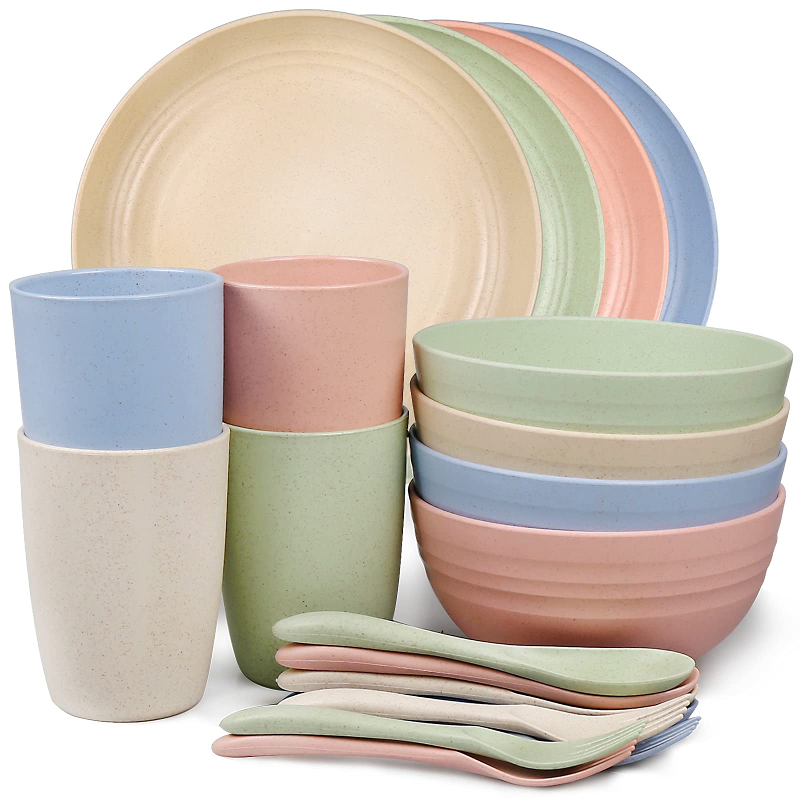 Shopwithgreen 20 PCS Wheat Straw Dinnerware Set Service for 4, Microwave & Dishwasher Safe Plates and Bowls Cups, Unbreakable Dishes Set with Forks & Spoons