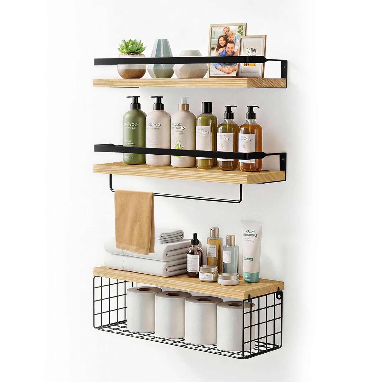 Pack of 3 Bathroom Shelves Wall Mounted Floating Shelf Over Toilet with Towel Holder & Metal guardrails & Storage Basket for Toilet Paper Rustic Wood Corner Decor Organizer for Kitchen (Brown)