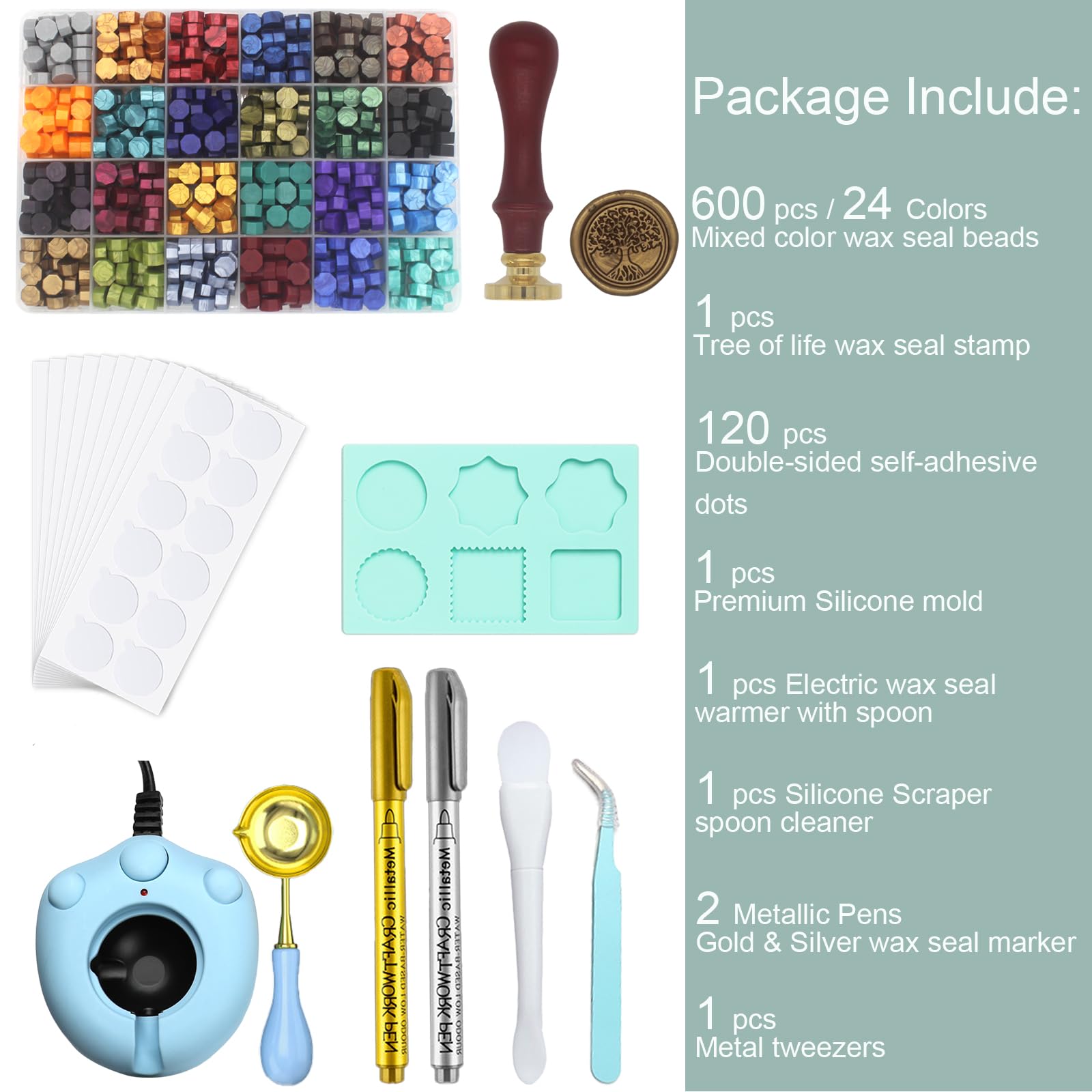 Wax Seal Kit with 24 Colors Wax Seal Beads 600pcs, Andotopee Tree of Life Wax Seal Stamp Kit with Electric Sealing Wax Warmer Set, Silicone Mold, Metallic Pen, 120 Removable Sticky Dots, Spoon Cleaner