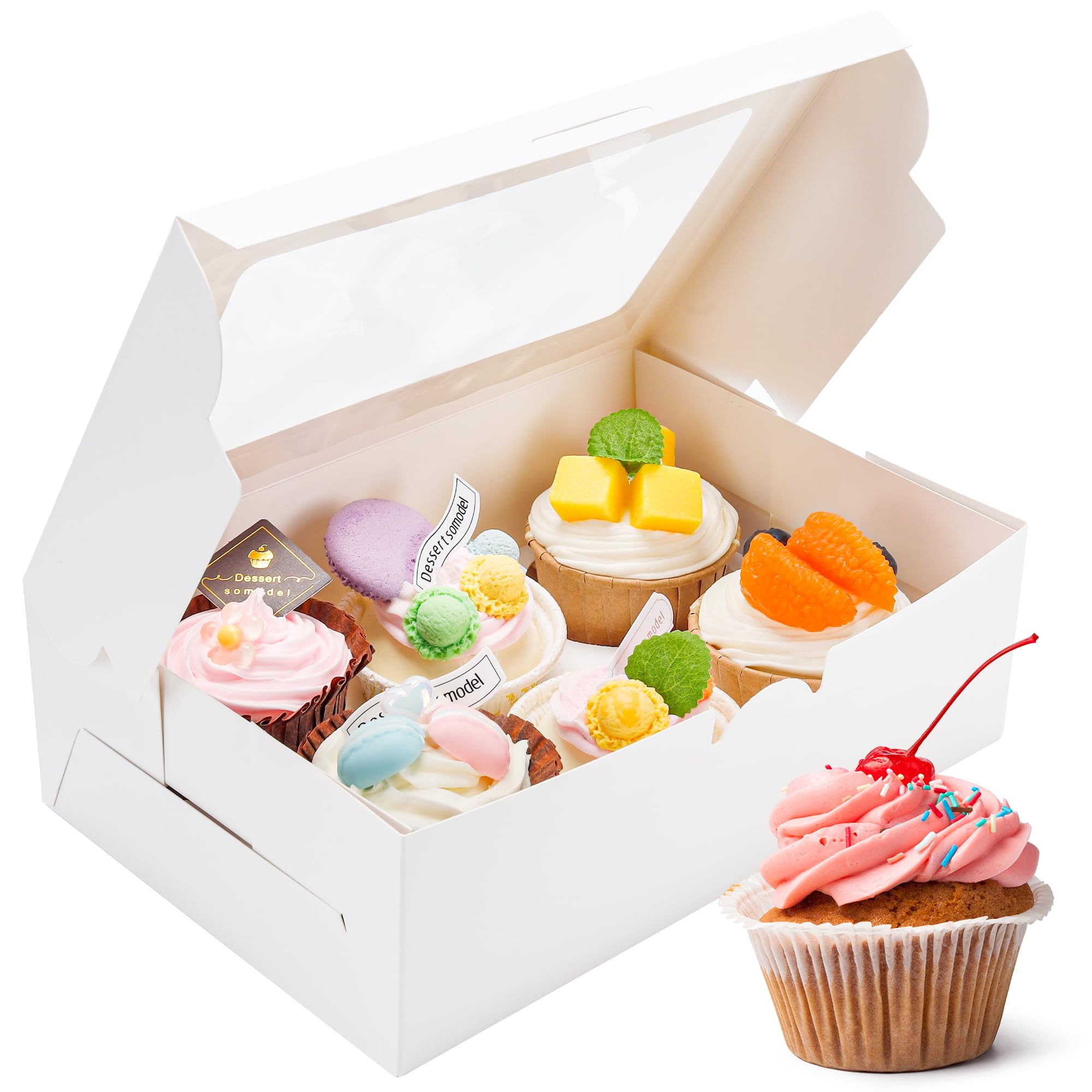 15 Pack Cupcake Boxes with Inserts 6 Holders, White Standard Bakery Boxes with Window Food Grade Cupcake Containers 6 Count for Muffins