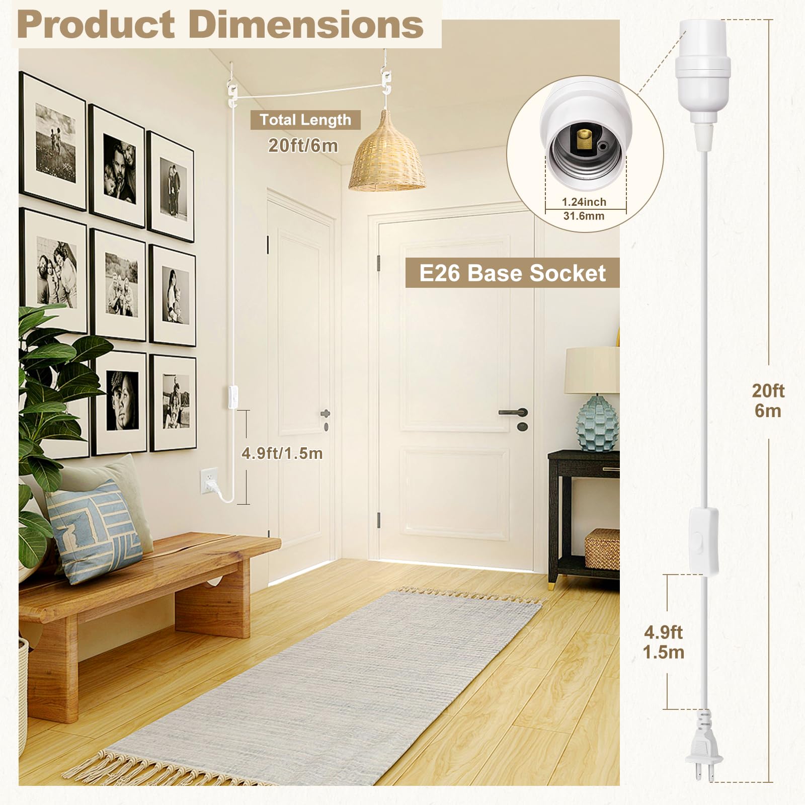 DiCUNO Hanging Extension Lantern Cord, 19.7Ft Cable with E26 Bulb Socket, 2-Prong Plug and On/Off Switch Button, White Pendant Lamp Cord for Kitchen Bedroom Plant Growth Light, 2 Pack