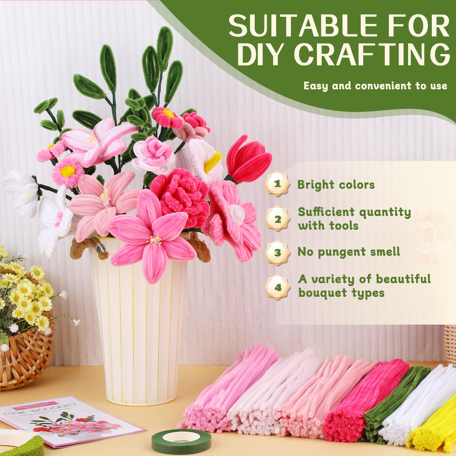 550 Pcs Pink Pipe Cleaner Flower Kit, 7 Colors Chenille Stems Pipe Cleaners Craft, Pipe Cleaner Bulk Flower Making Crafts Kit with Supplies, Instructions for Festival Home Decor