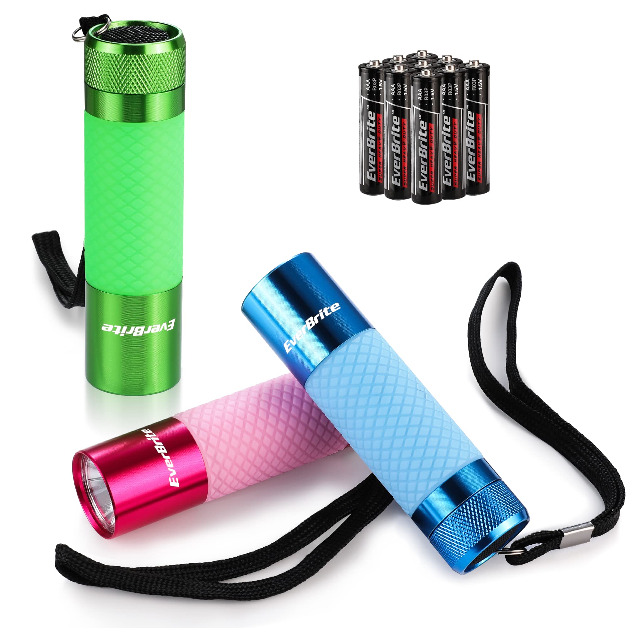 EverBrite 3-Pack Mini Flashlights, Glow in Dark Flashlights, Aluminum LED Flashlights Party Favors Assorted Colors for Camping, Hiking, Outdoor, 9AAA Batteries Included