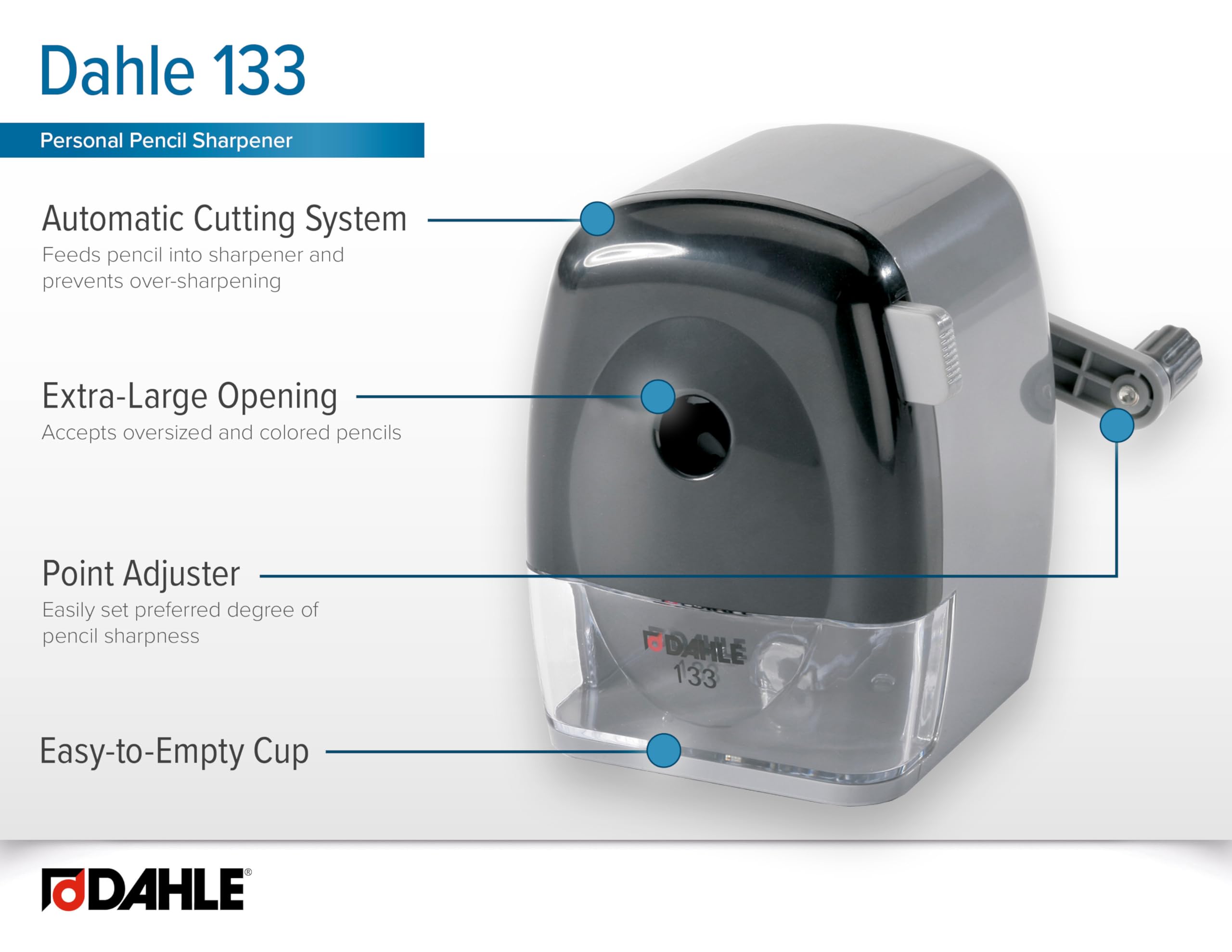 Dahle 133 Pencil Sharpener w/Automatic Cutting System, Adjustable Point, Accepts Graphite & Oversized Artist Pencils