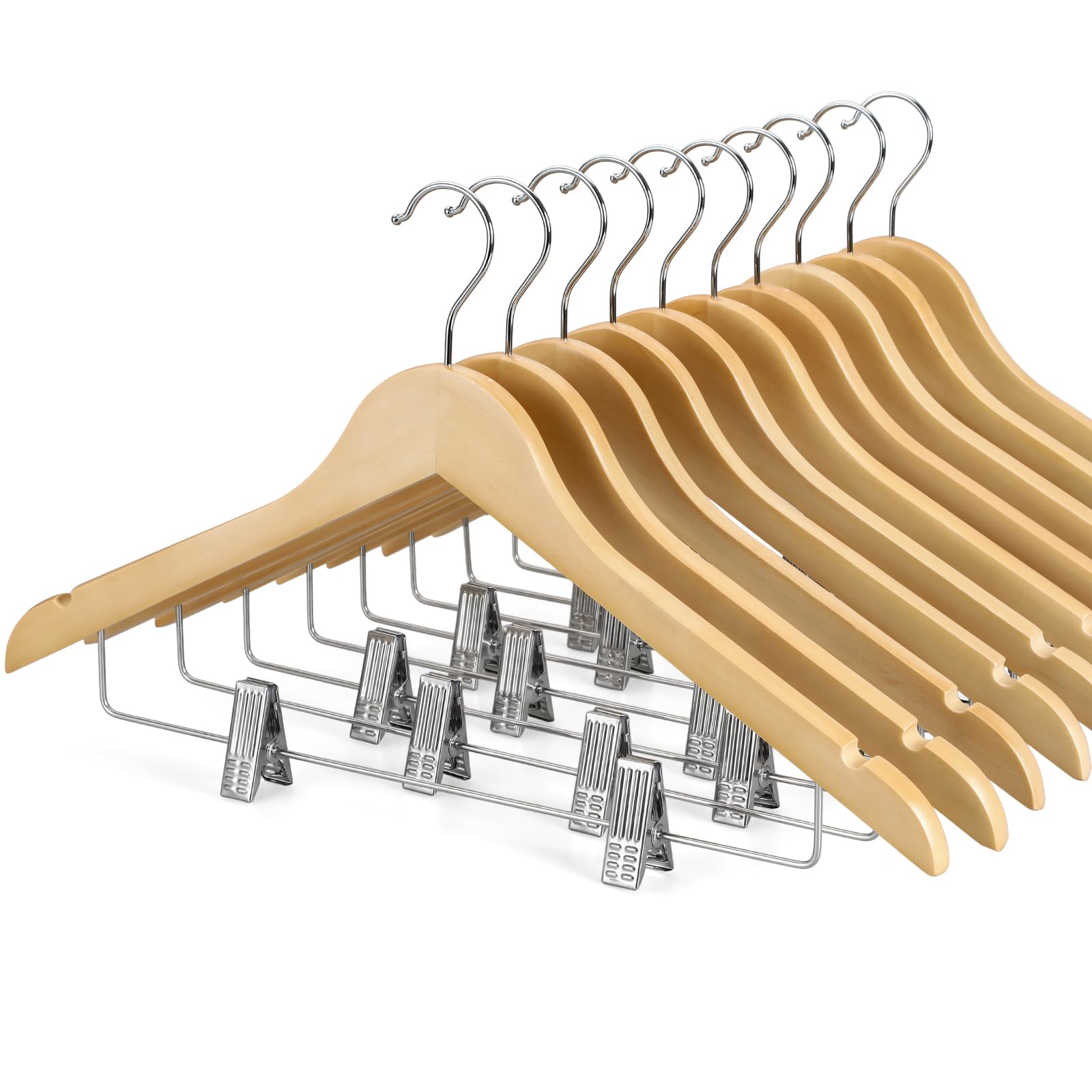 TOPIA HANGER Wooden Hangers with Adjustable Metal Clips and 360° Swivel Hook, Premium Wood Clothes Hangers 10 Pack for Suit, Pant, Skirt, Jeans, Coat, Jacket-CT28N