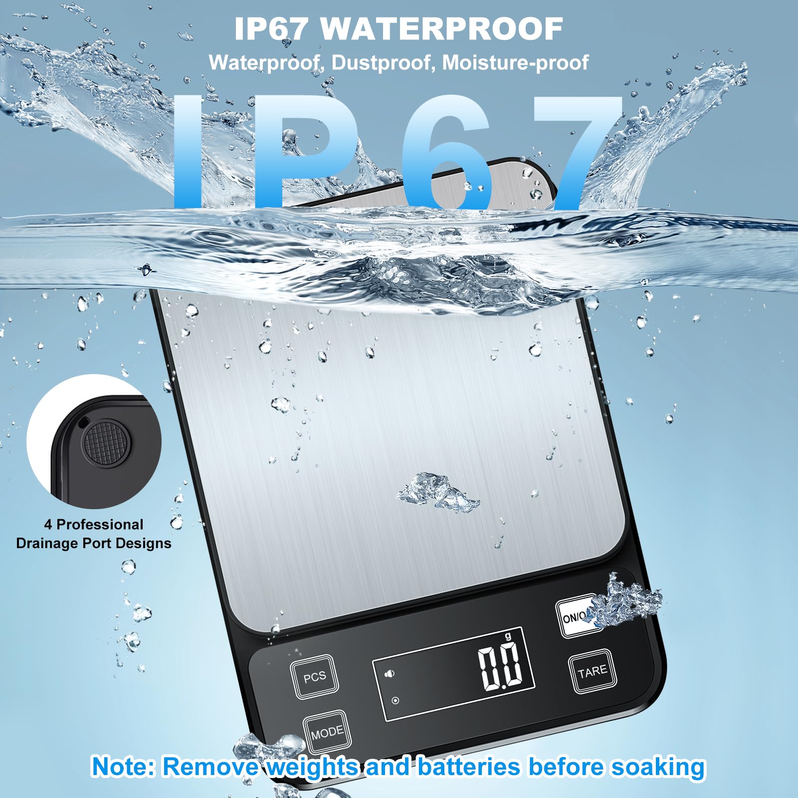 Waterproof Food Scale Rechargeable, [0.1g-10kg/22lb] Diyife Plug in Kitchen Scale with Adjustable LCD Display, 10 Units, Tare, PCS Counting, Auto Off, 304 Stainless Steel, Wall Mount for Cooking