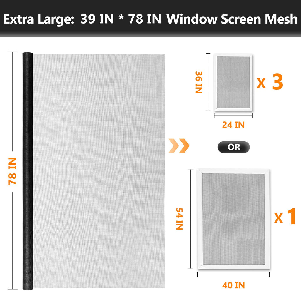 Secopad Window Screens Replacement Repair Kit, 39" x 78" Screen Door Mesh Replacement Kit, Durable Fiberglass Mesh Screen Roll with Tools for Windows Doors Patio and Porch Screens, Black
