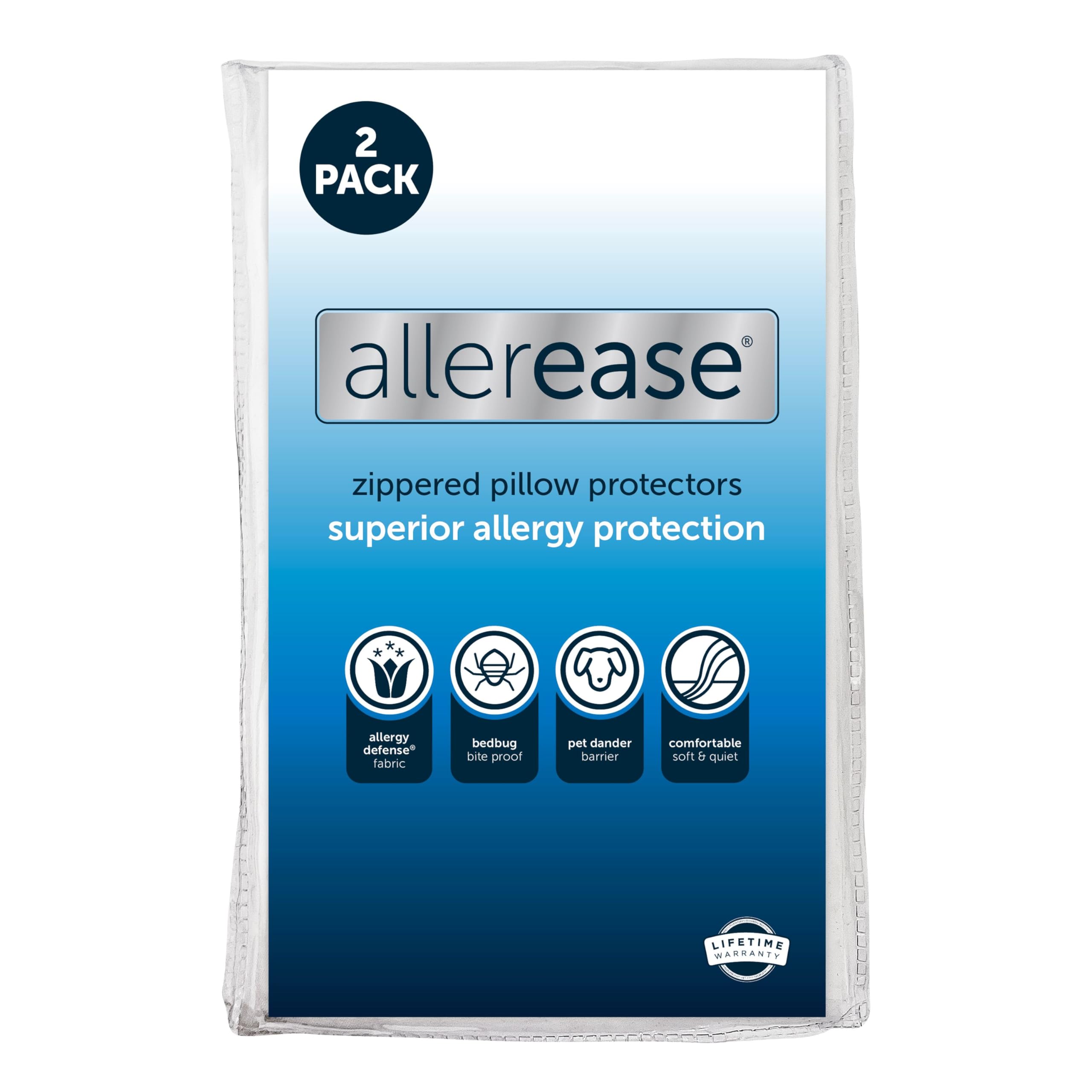 Set of 2 Standard/Queen AllerEase Pillow Protectors - Moisture Wicking, Advanced Allergy Protection - Premium Polyester, Zippered Protectors