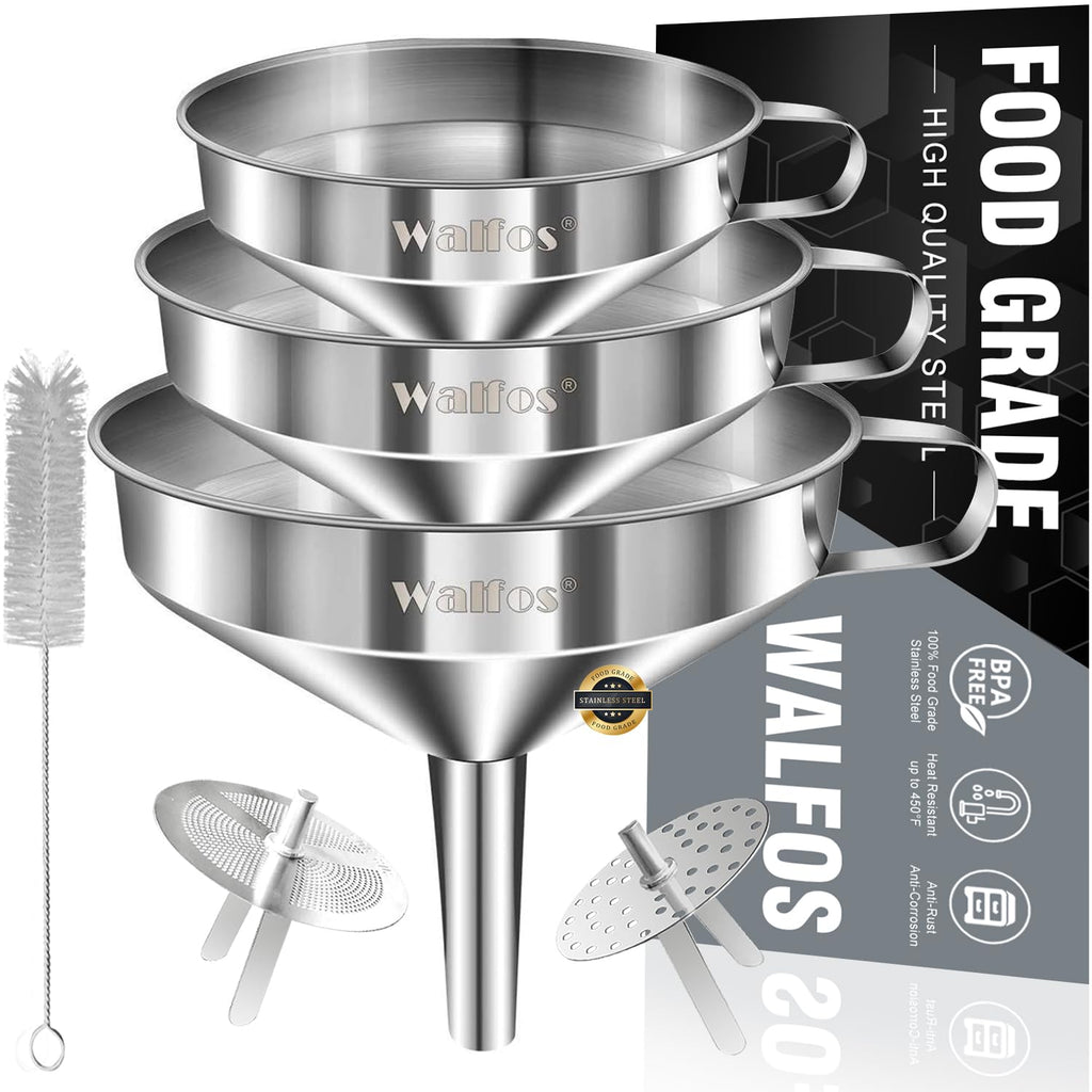 Walfos Stainless Steel Funnel Kitchen Set 3 Pack Funnels with 2 Removable Strainer Filter for Transferring of Liquid, Fluid, Cooking Oils, Jam, Dry Ingredients & Powder and 1 Pcs Cleaning Brush