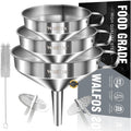 Walfos Stainless Steel Funnel Kitchen Set 3 Pack Funnels with 2 Removable Strainer Filter for Transferring of Liquid, Fluid, Cooking Oils, Jam, Dry Ingredients & Powder and 1 Pcs Cleaning Brush