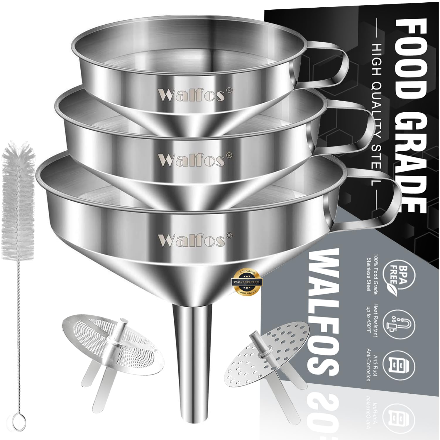 Walfos Stainless Steel Funnel Kitchen Set 3 Pack Funnels with 2 Removable Strainer Filter for Transferring of Liquid, Fluid, Cooking Oils, Jam, Dry Ingredients & Powder and 1 Pcs Cleaning Brush