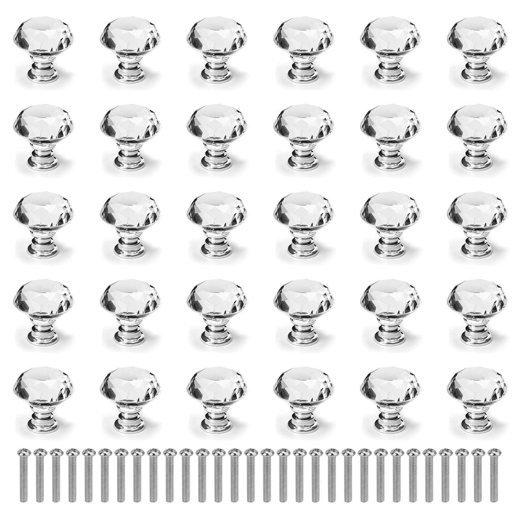 Nicunom 30 Pack Cabinet Knobs Crystal, 30 mm Glass Drawer Pulls Diamond Shape Dresser Knobs with Screws for Kitchen, Bathroom Cabinet, Dresser and Cupboard