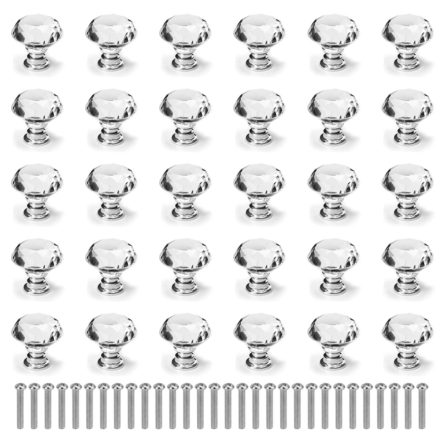 Nicunom 30 Pack Cabinet Knobs Crystal, 30 mm Glass Drawer Pulls Diamond Shape Dresser Knobs with Screws for Kitchen, Bathroom Cabinet, Dresser and Cupboard