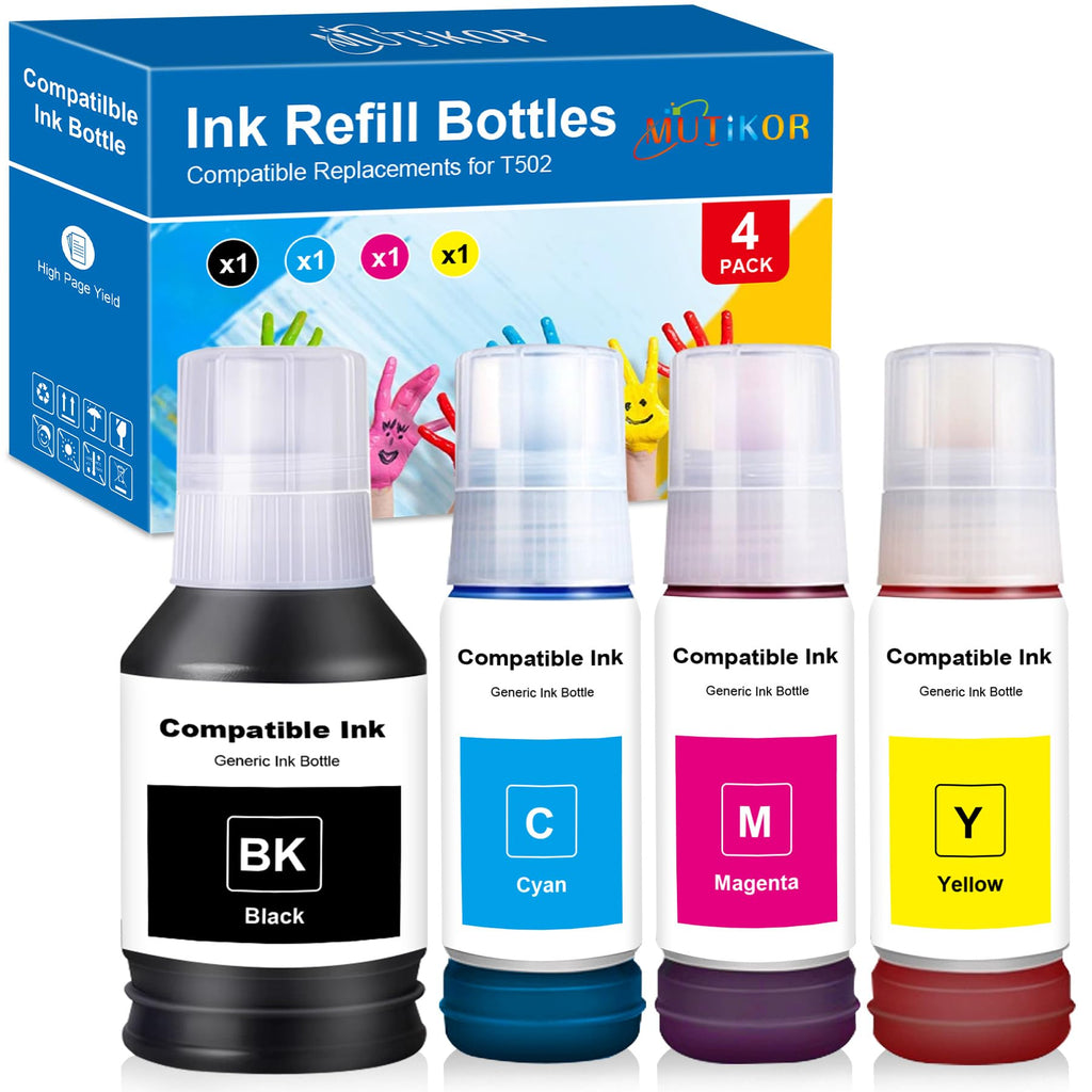 Compatible T502 Ink Refill Bottles Compatible for ET-4760 ET-2760 ET-3830 ET-15000 ET-4850 ET-2750 ET-4750 ET-3750 ET-3950 ET-4950 Printers Replacement for T502 Ink (4-Pack, BK/C/M/Y)