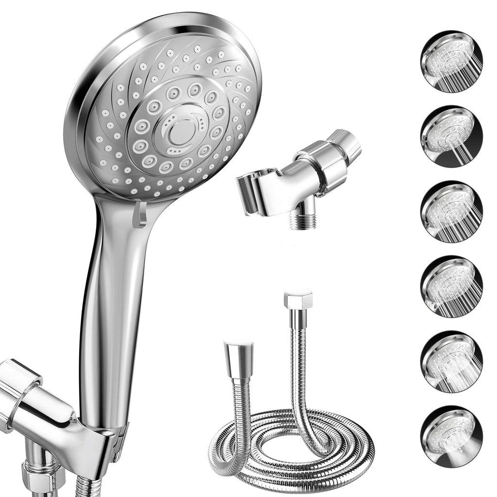 VEHHE 6 Spray Modes Handheld Shower Head Saving Water, Bright Shower Head with Anti-Clog Nozzles and Anti-Leak, Shower Head with Hose 1.5M and Adjustable Universal Bracket∣Silver