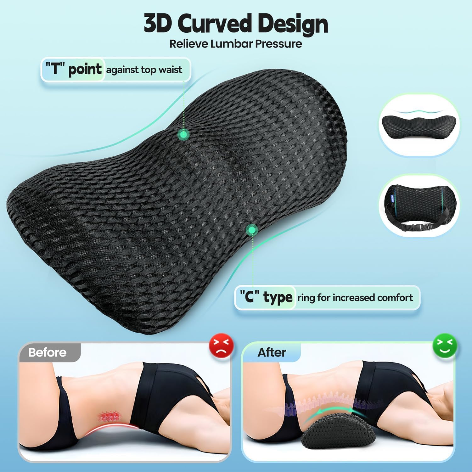 AsBellt Lumbar Support Memory Foam Pillow with Adjustable Elastic Strap, Improves Posture, Promotes Back Pain Relief, Great for Car Seat, Office Chair, Back Support, Recliner and Bed