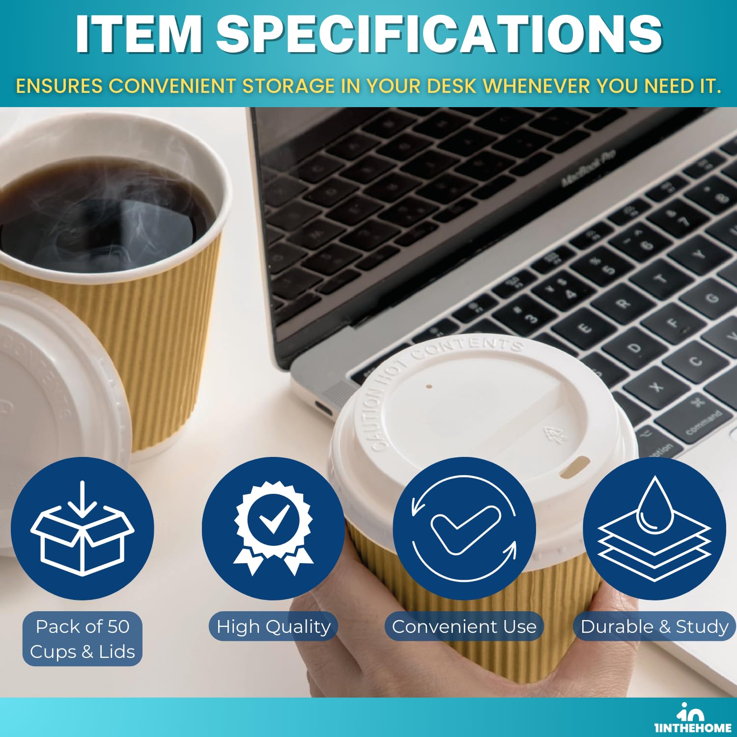 1InTheHome Disposable Coffee Cups with Lids, Paper Cups 10 oz, Insulated Ripple Wall, 50 Pack