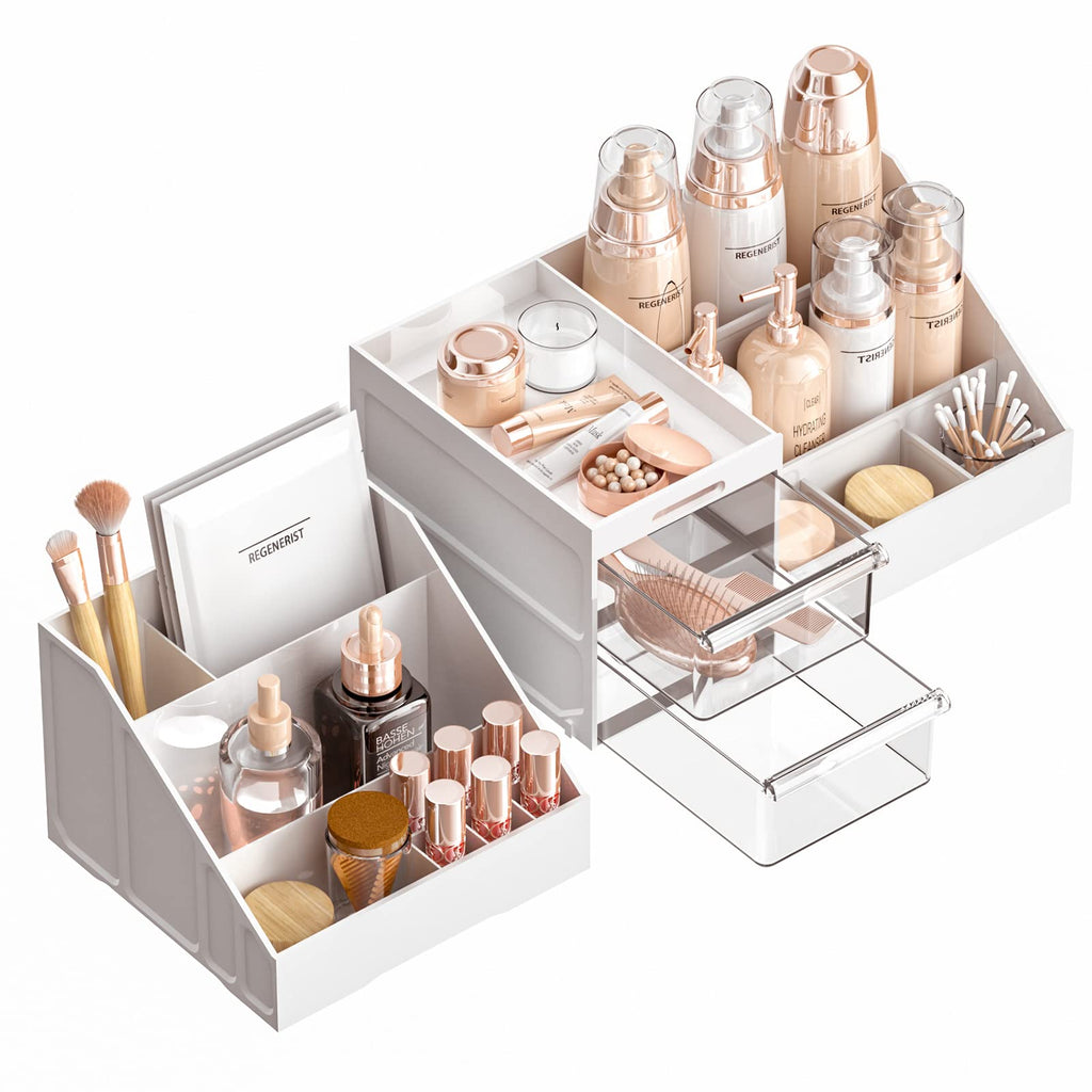 Makeup Organizer, Large Capacity Organizers, Make Up Organizers and Storage with Drawers, Makeup Organizer for Vanity for Makeup Brush, Nail Polish and Beauty Supplies White & Clear