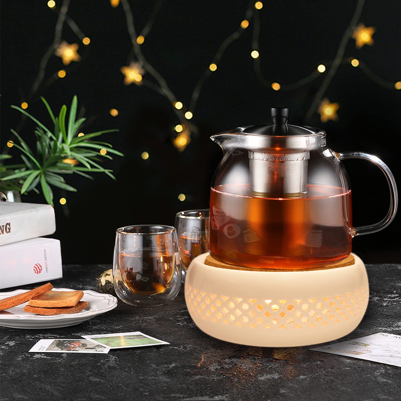 KEISSCO Teapot Warmer, Ceramic Teapot Heater with Cork Cushion Coffee Tea Warmer for Glass, Stainless Steel, Ceramic Teapot and Other Heatproof Dish Warming Use