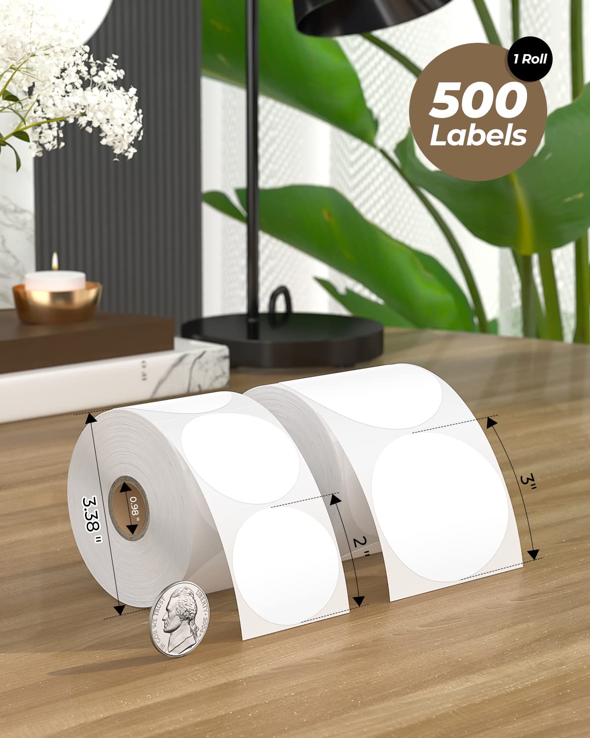 MUNBYN 3 Inch White Circle Thermal Sticker Labels, Self-Adhesive Round Inventory Labels, Multi-Purpose Roll Thermal Stickers for Business-500 Sheet/1 Roll