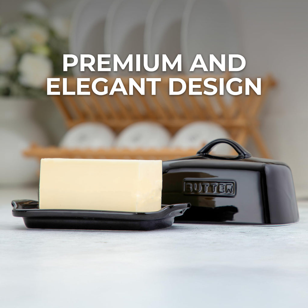 Zulay Kitchen Butter Dish with Lid – Large 1 lb Canadian Size, Black Porcelain Butter Tray & Butter Container for Countertop or Refrigerator - Black