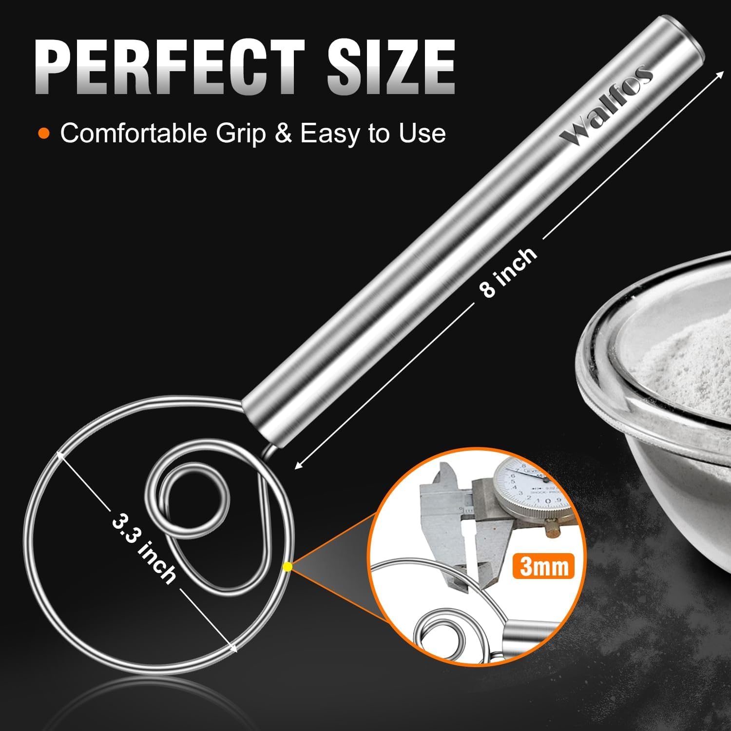 Walfos Danish Dough Whisk, Rustproof Stainless Steel Bread Whisk, Quick Mixing Bread Mixer, Dutch Dough Whisk for Cooking, Blending, Whisking, Stirring, Sourdough, Pizza, Pastry, Cake Batter (2pcs)