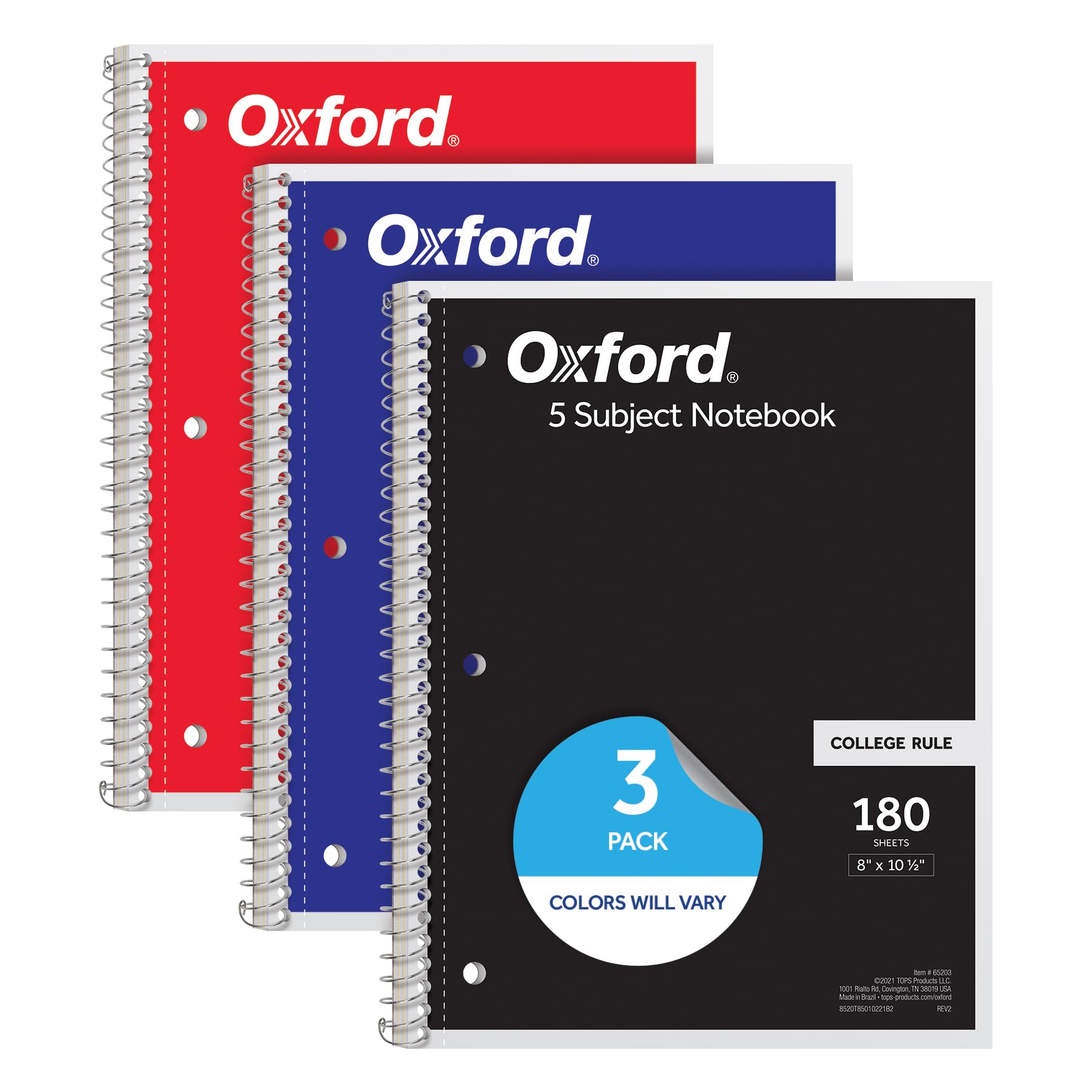 Oxford Spiral Notebook 3 Pack, 5 Subject Writing Journal, 3-Hole Punch, College Ruled Paper, 4 Dividers, 8 x 10-1/2 Inch, Black, Red, Blue, 180 Sheets, Coil Notebooks for School