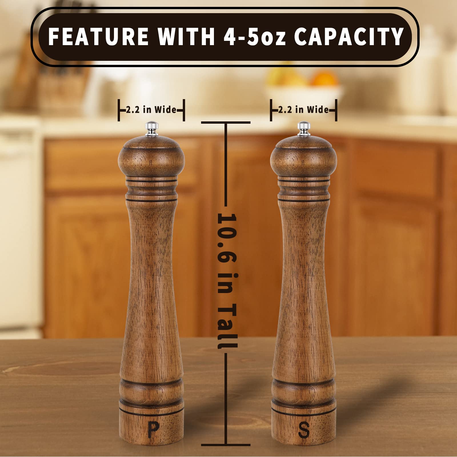 Haomacro Salt and Pepper Grinder Set, Wooden Salt Pepper Mill Grinders Kitchen Manual Wood Pepper Mills Set Refillable Adjustable Coarseness Ceramic Rotor 10 Inches,2pcs