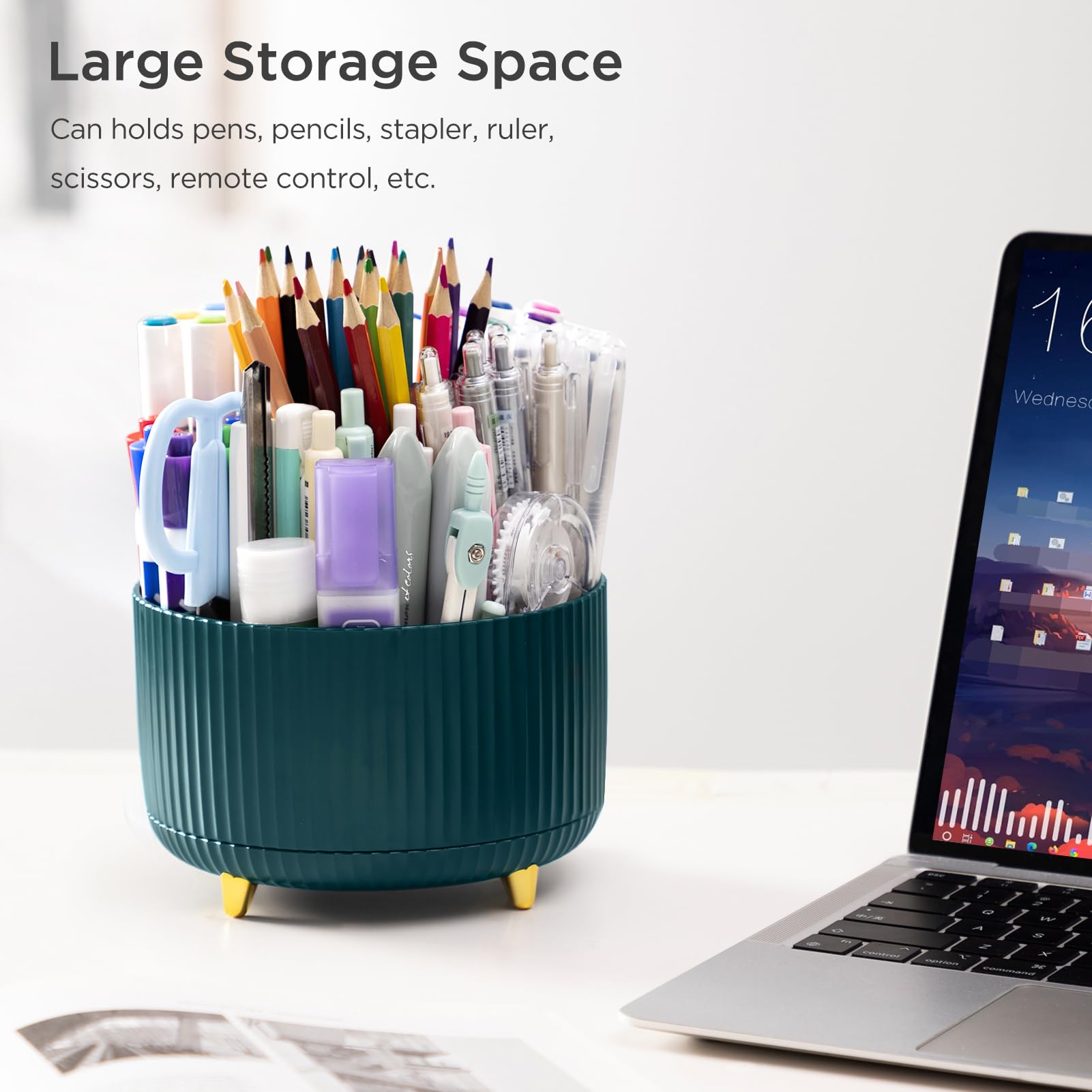 HBlife Pencil Pen Holder for Desk, 5 Slots 360° Degree Rotating Desk Organizers and Accessories, Desktop Storage Stationery Supplies Cute Pencil Cup for Office, School, Home, Art Supply, Dark Green