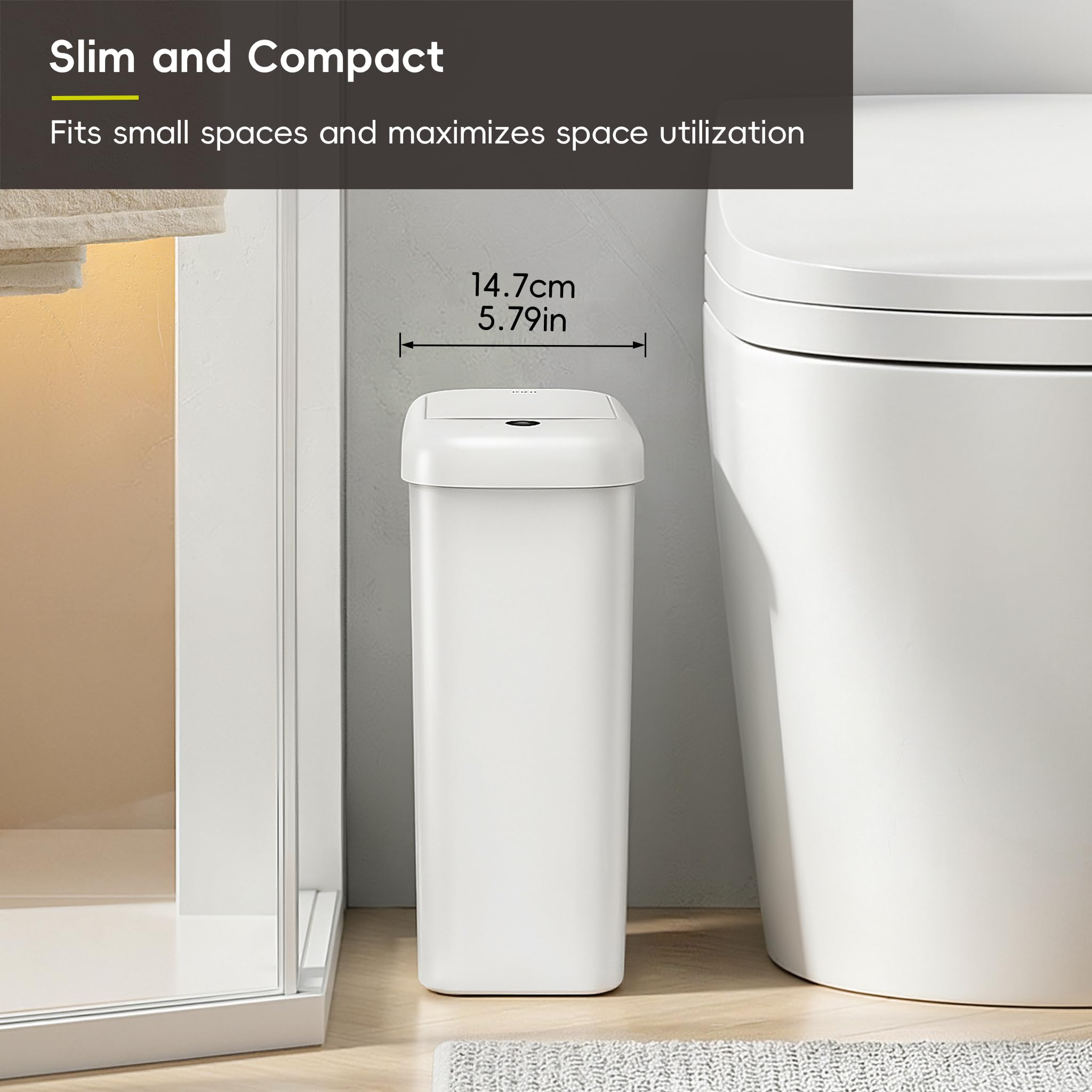 EKO Automatic Bathroom Trash Can with Lid, 2.6 Gallon Slim Touchless Garbage Can, Waterproof Motion Sensor Trash Bin for Bathroom, Office, Kitchen, White