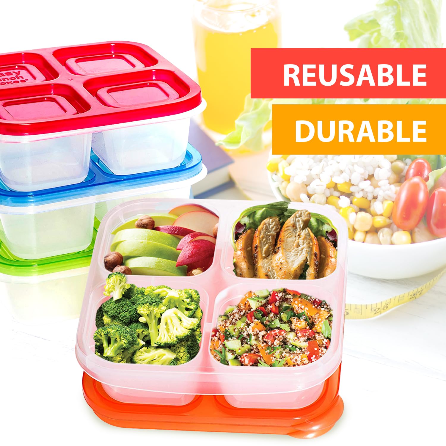 Finorder 4-Compartment Food Containers, Reusable Snack Container for Kids School, Office, Picnic, Portable Snack Lunch Box Meal Prep Containers, Set of 6 (Classic Color Set)