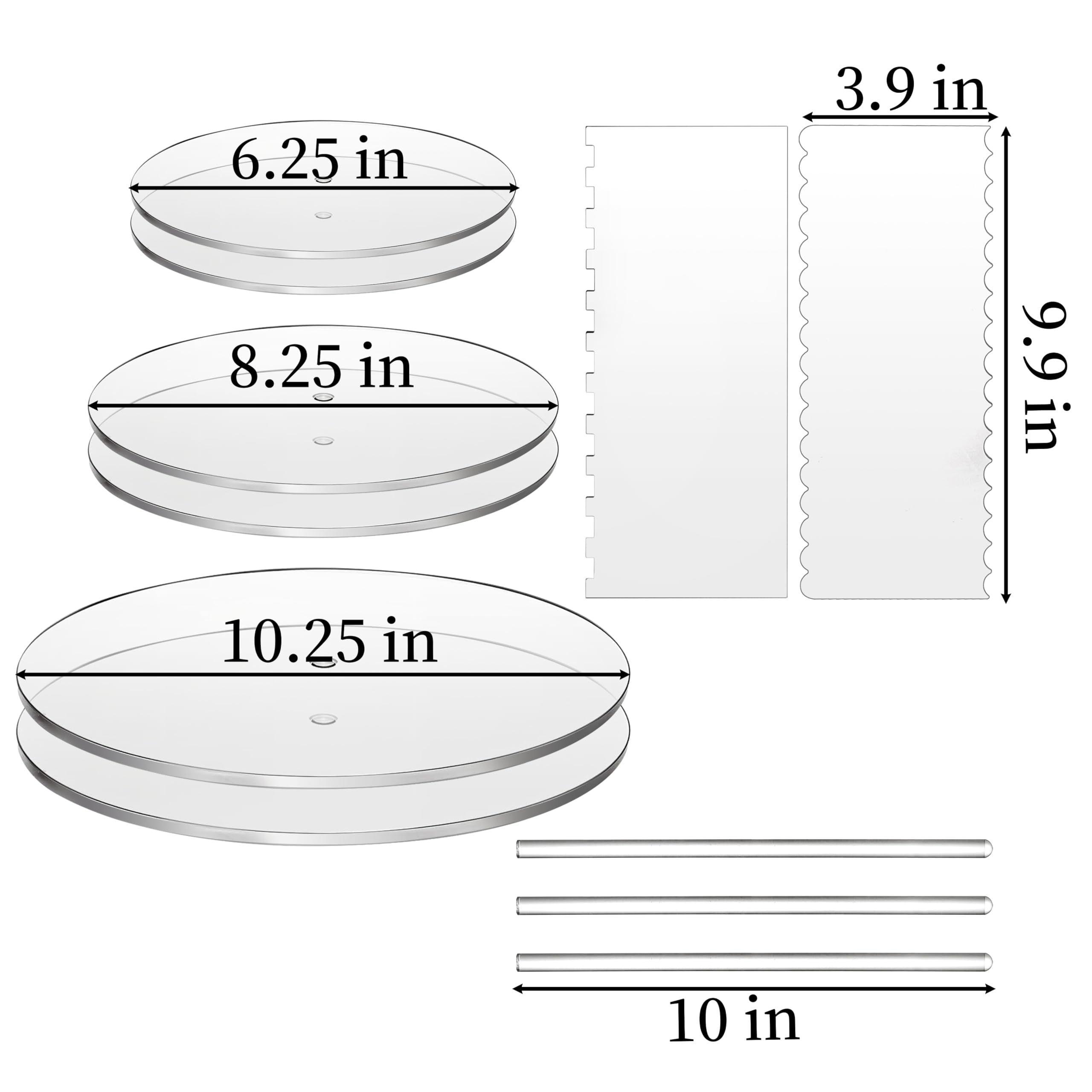 Coloch 11 Pieces 6.25/8.25/10.25 Inch Acrylic Cake Discs Set, Clear Cake Decorating Supplies with 6 Acrylic Discs, 2 Icing Scraper and 3 Center Dowel for 3 Tier Cake Making, Serving Bake Goods