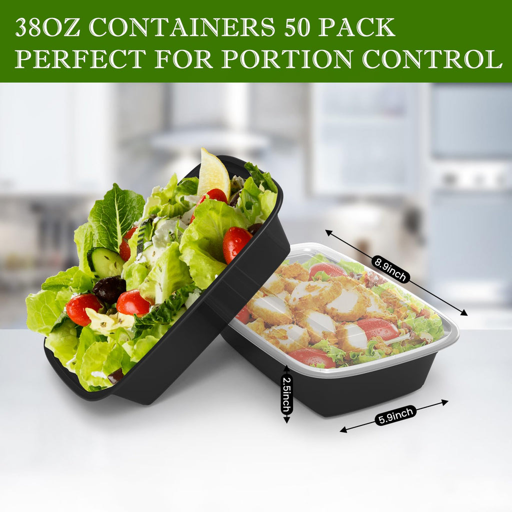 Meal Prep Containers Reusable 38oz - Food Containers with Lids 50 Pack, Disposable to Go Containers, Leakproof Food Prep Containers, Stackable, Takeout, BPA-Free, Microwave/Freezer Safe
