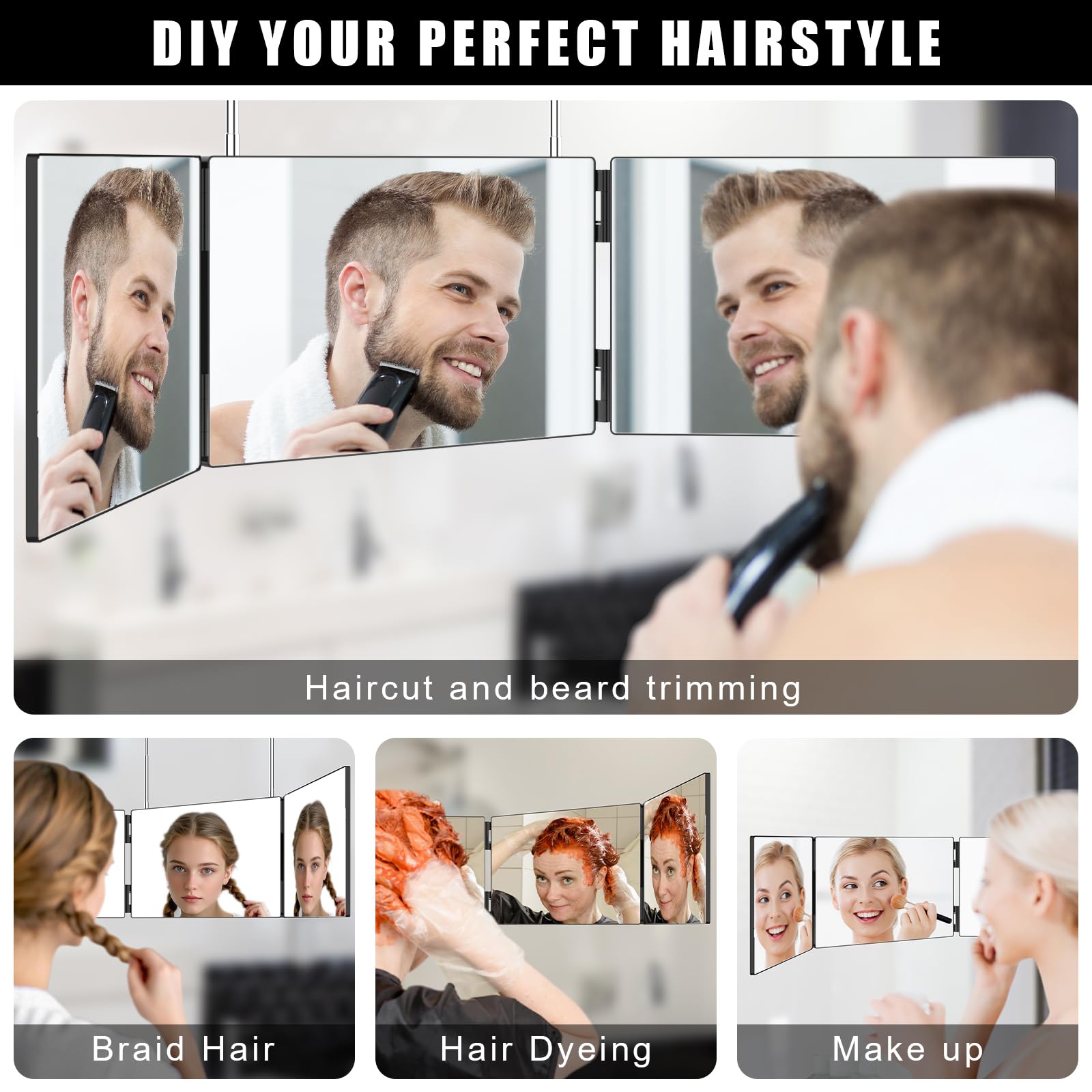 OLIBUY 3 Way Mirror for Hair Cutting, Tri-fold Mirror for Shaving, Haircutting, Braiding, Hair Styling and Makeup with Height Adjustable Hooks, Ideal Gift for Men or Women