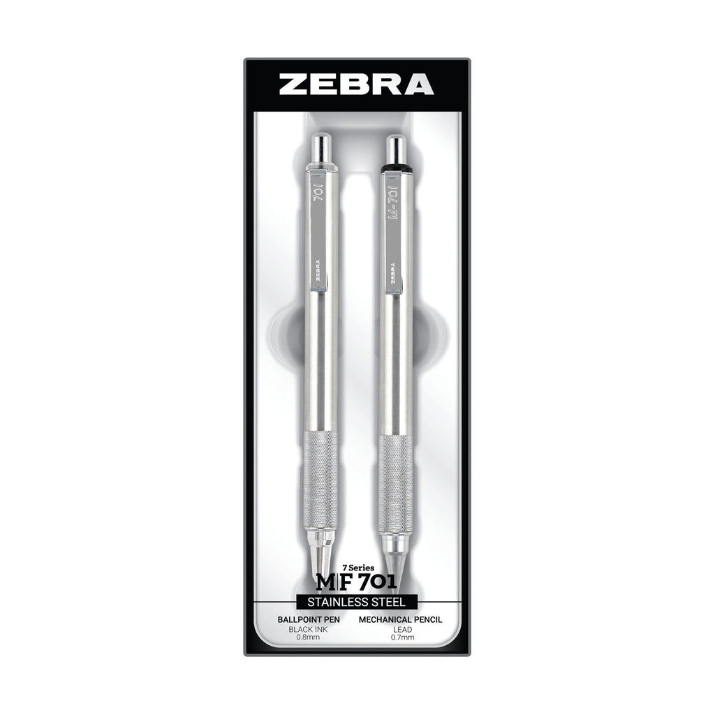 Zebra Pen M/F 701 Stainless Steel Mechanical Pencil and Ballpoint Pen Set, Fine Point, HB Lead and Black Ink, Ideal for Tactical Use, 2-Pack Gift Set (10519)