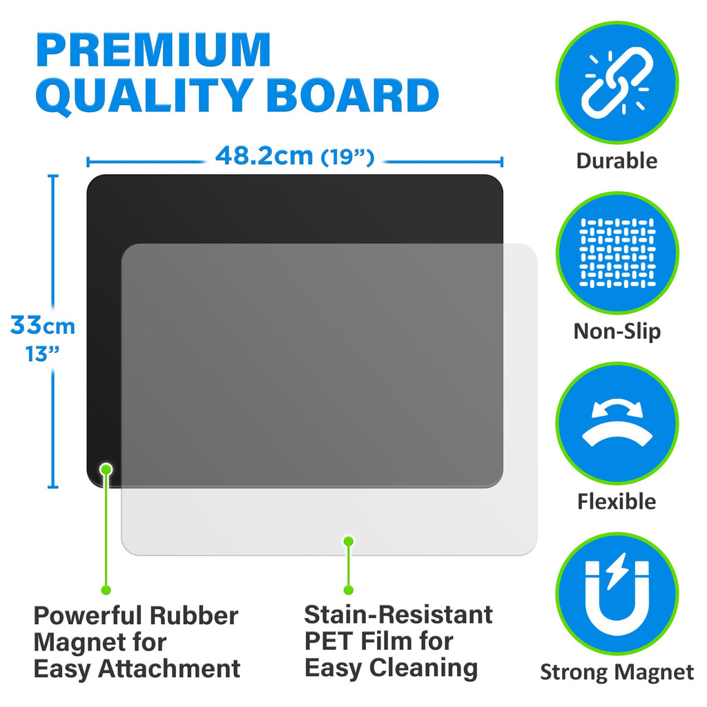 Magnetic Black Dry Erase Board for Fridge - 48 x 33 cm - Stain Resistant with 3 Magnetic, Fine Tip Neon Chalk Markers & Eraser - by Yes4Quality